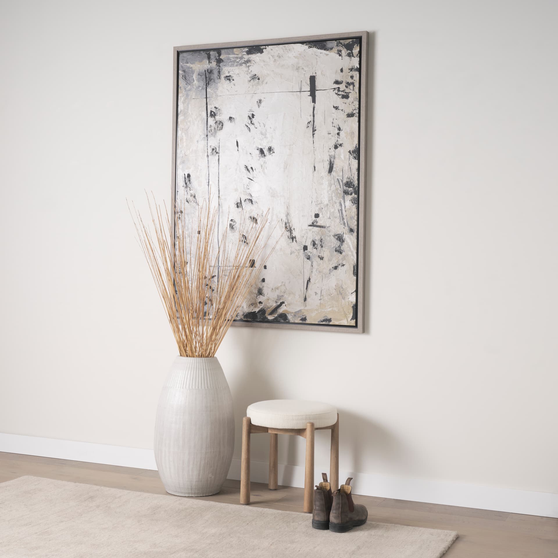 Shaiden Brown Wood w/ Cream Fabric Stool — in a styled room
