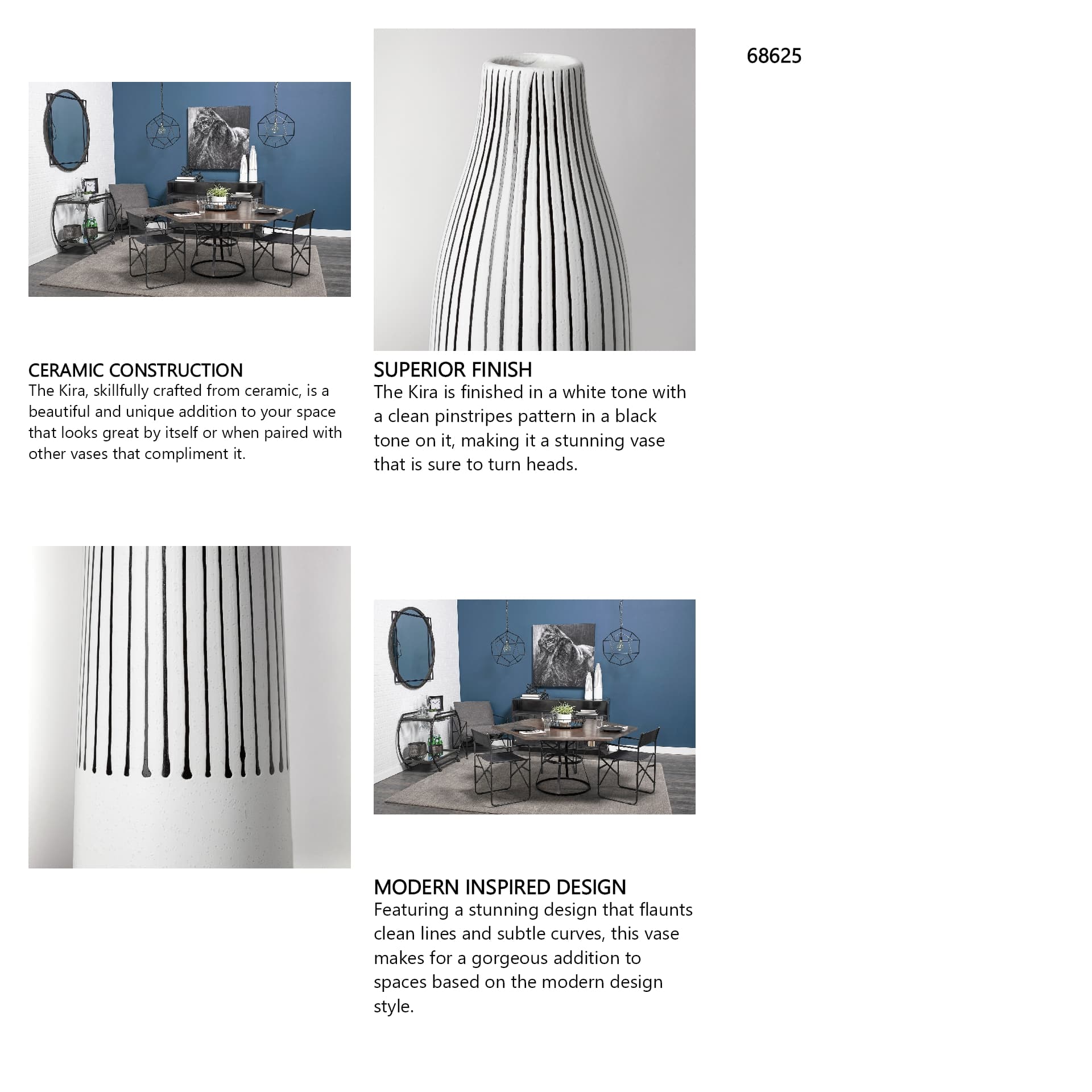 Kira I Small White Pinstripe Ceramic Vase — in a styled room