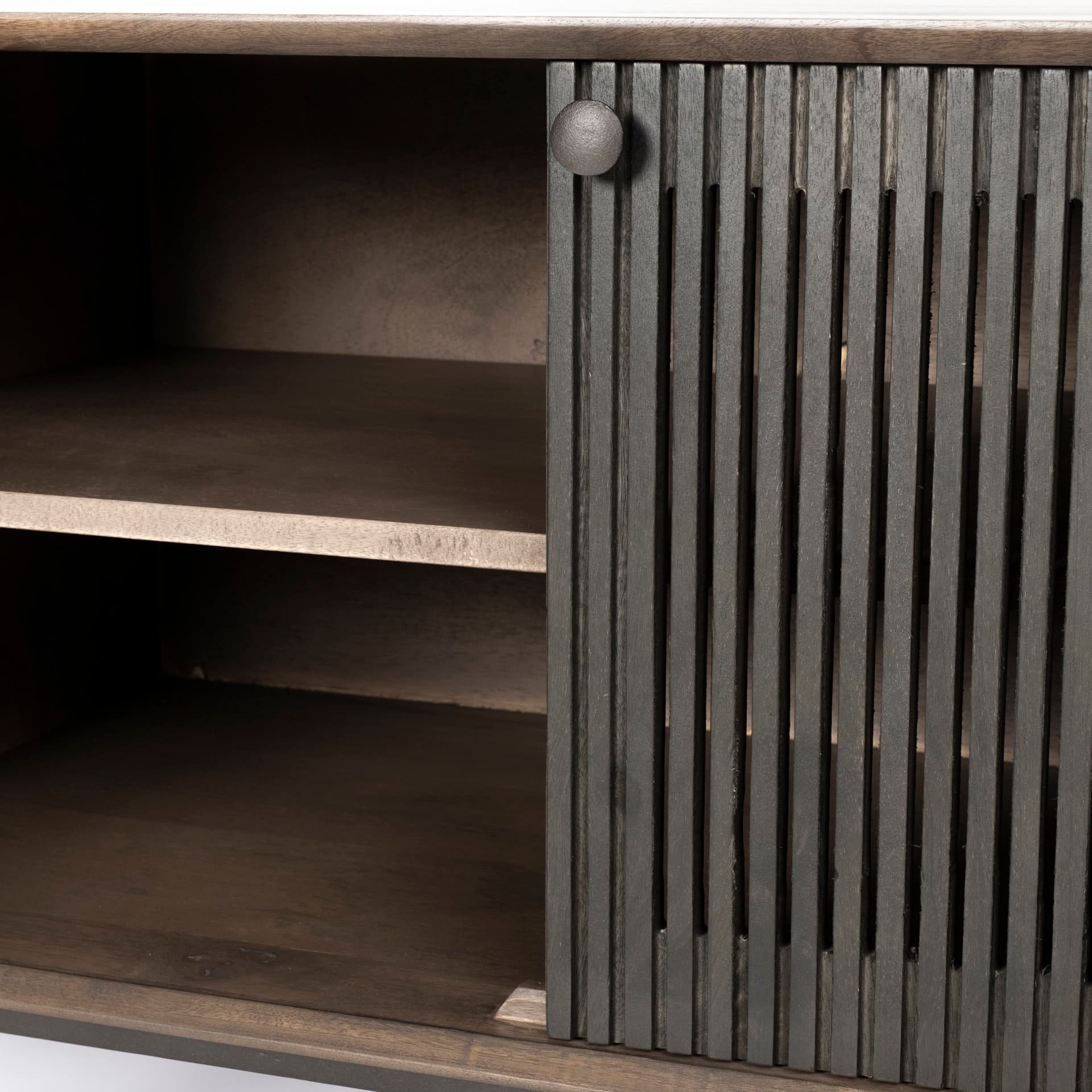 Grace I Two-Toned Brown Solid Wood TV Stand Media Console with Slated Doors, TV up to 82" — product photograph