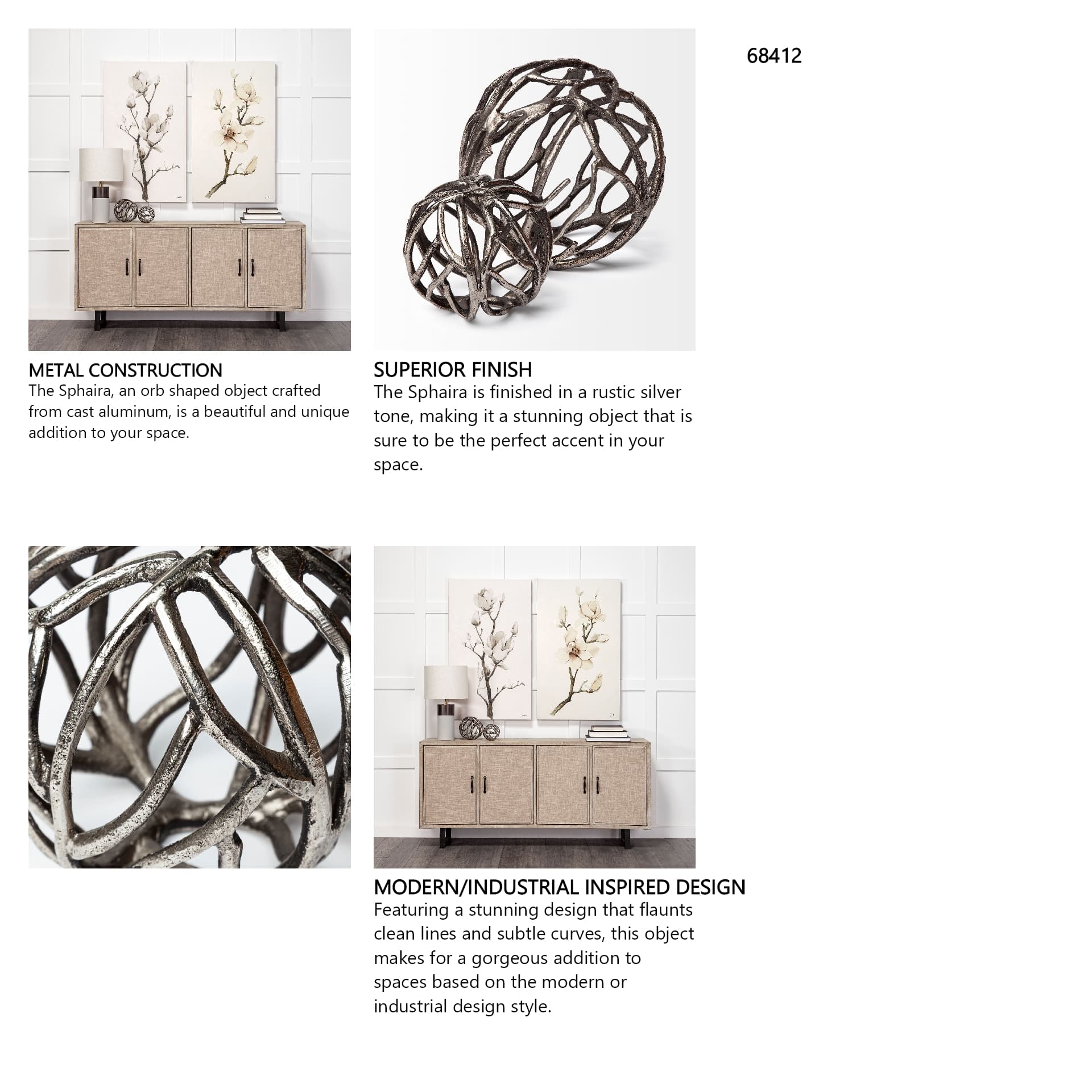 Sphaira II Large 7L x 7W Silver Cast Aluminum Decorative Tree Branch Orb — in a styled room