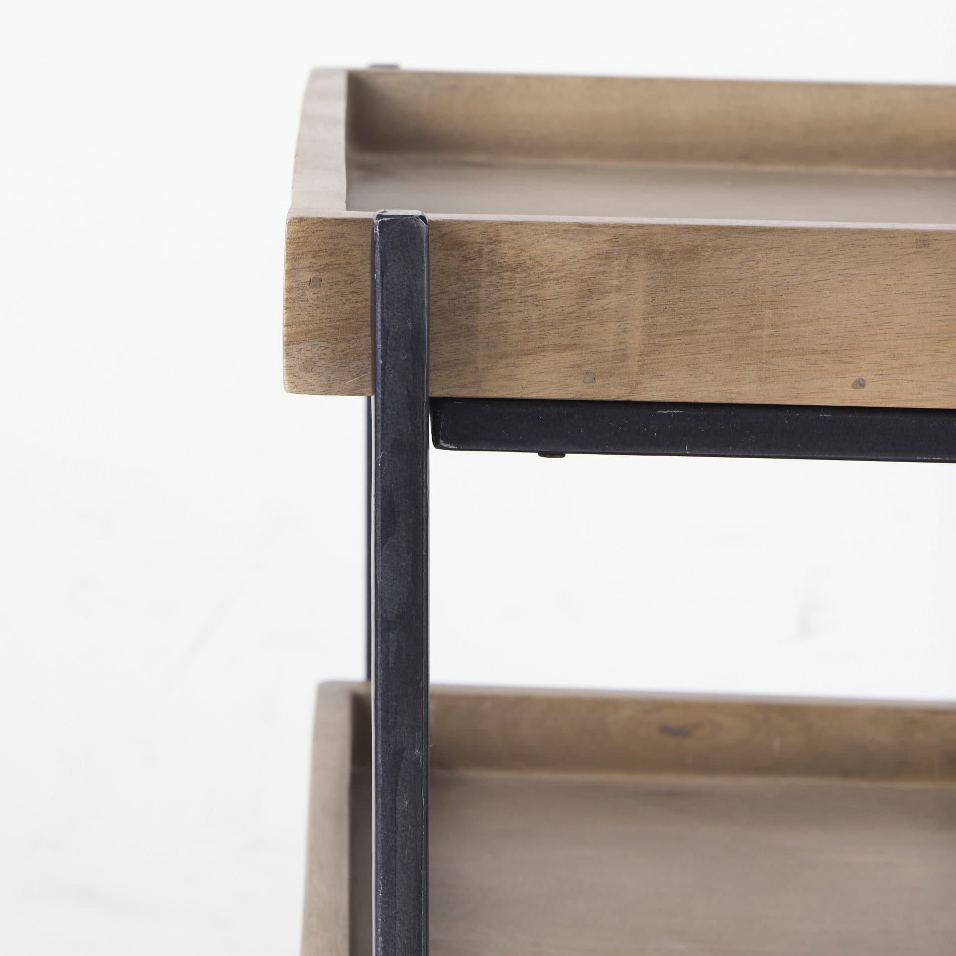 Trey III 20" x 26" Square Medium Brown Wooden Three-Tiered Black Iron Frame End/Side Table — product photograph
