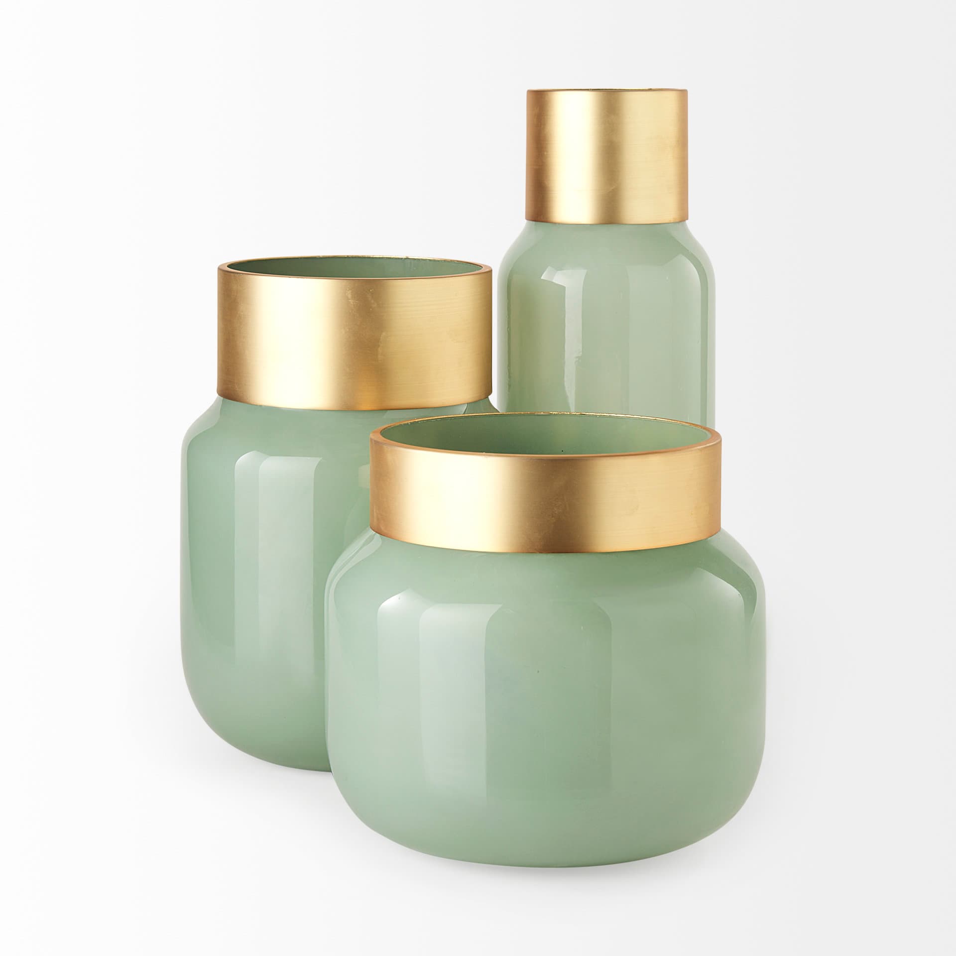 Minty Medium 8.7L x 8.7W x 12.4H Green Glass Vase W/Matte Gold Metal Neck Cuff — product photograph
