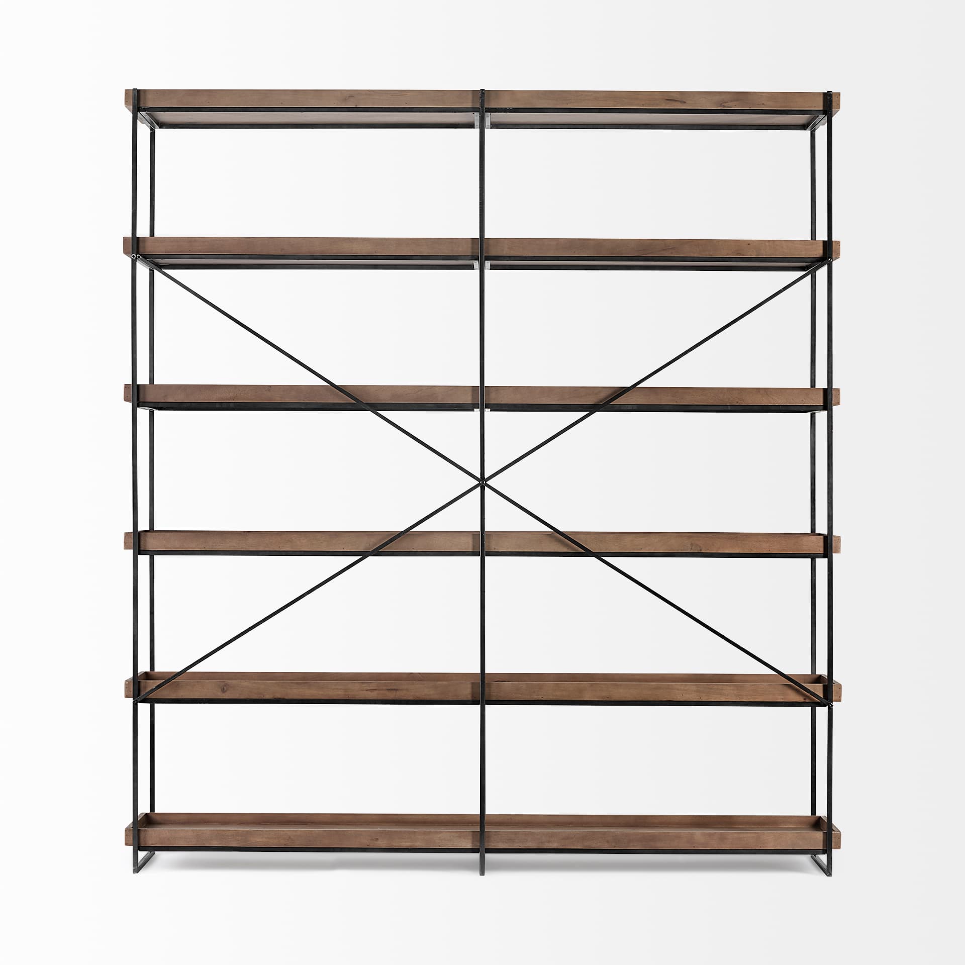 Trey IV 80L x 16W x 87.5H Medium Brown Wood and Iron Five Tray Shelf Shelving Unit — product photograph
