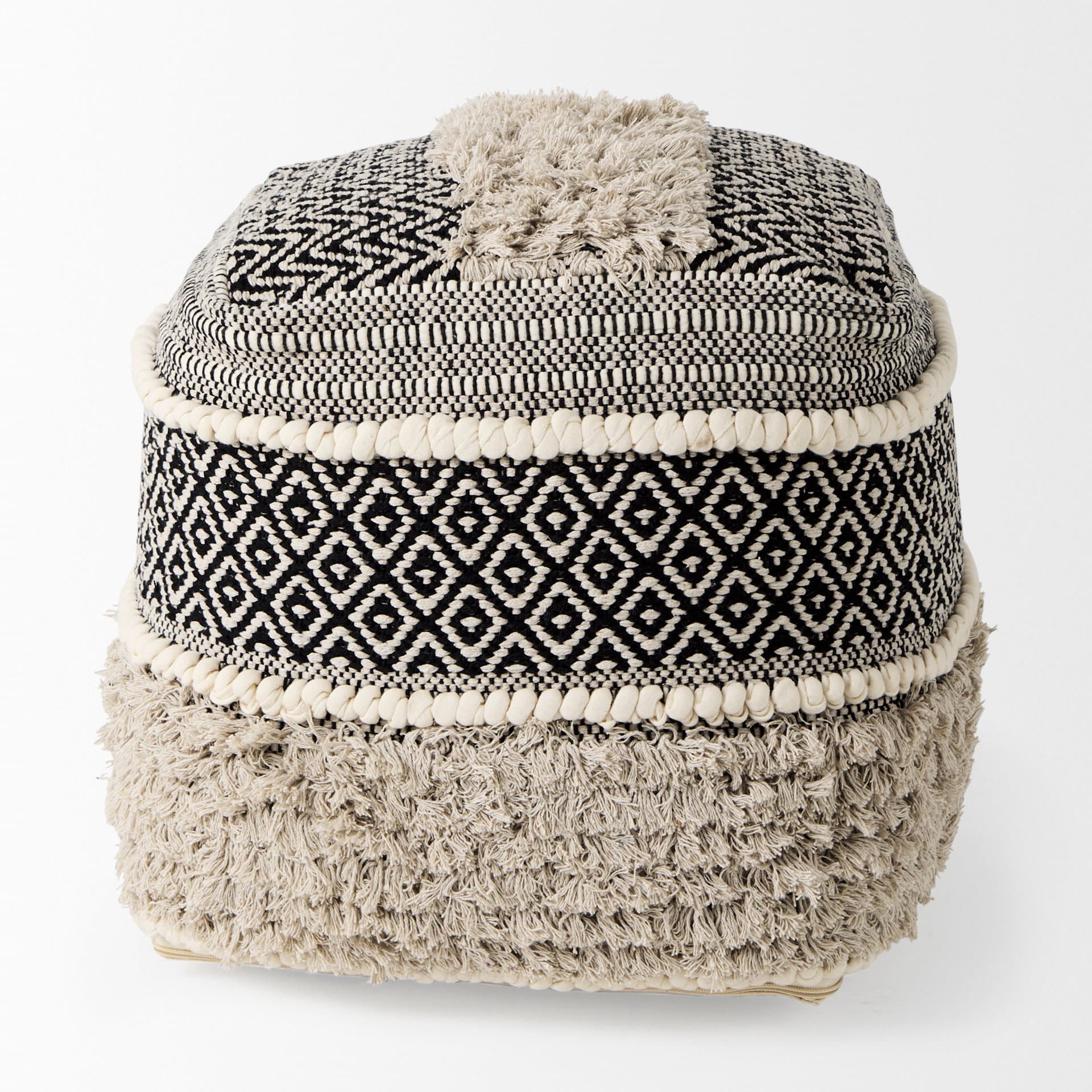 Darika 16.0L x 16.0W x 16.0H Black/White/Gray Cotton Pouf — product photograph