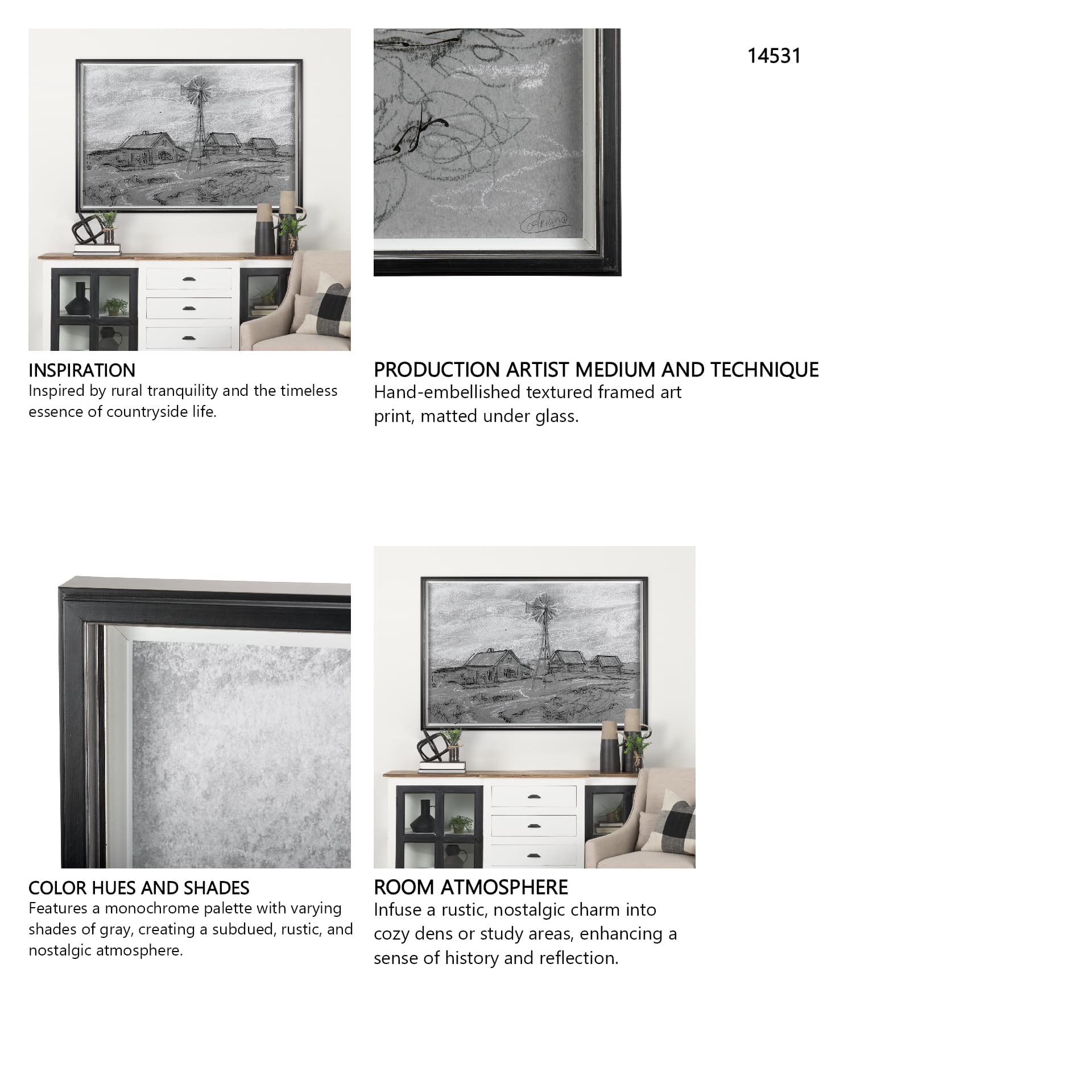 Farm view sketch I by Mercana Studio a Hand Embellished Textured Framed Art Print Matted under Glass — in a styled room