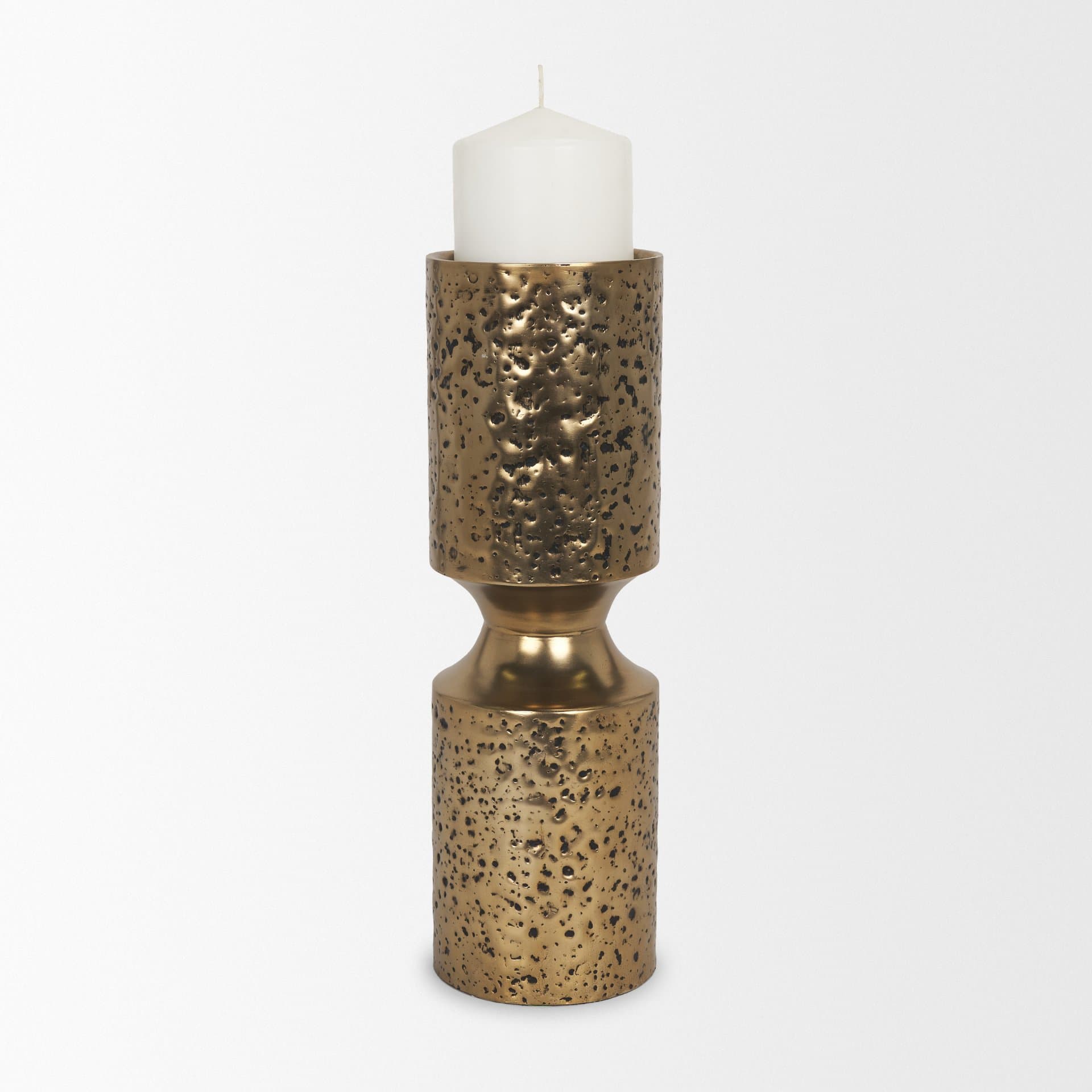 Akira Large Hammered Gold Metal Pillar Candle Holder — product photograph