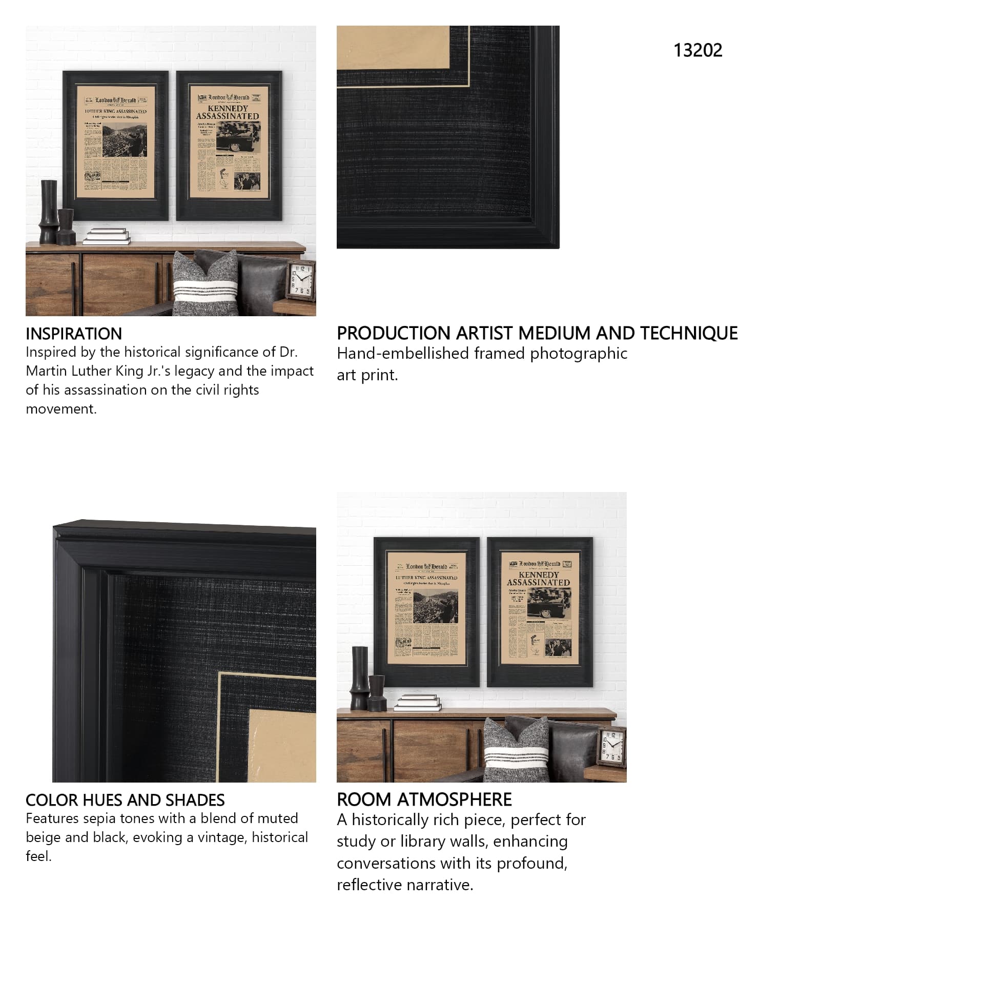 Luther King Assassinated by Vintage Collection Hand Embellished Framed Art Photo Matted under Glass — in a styled room
