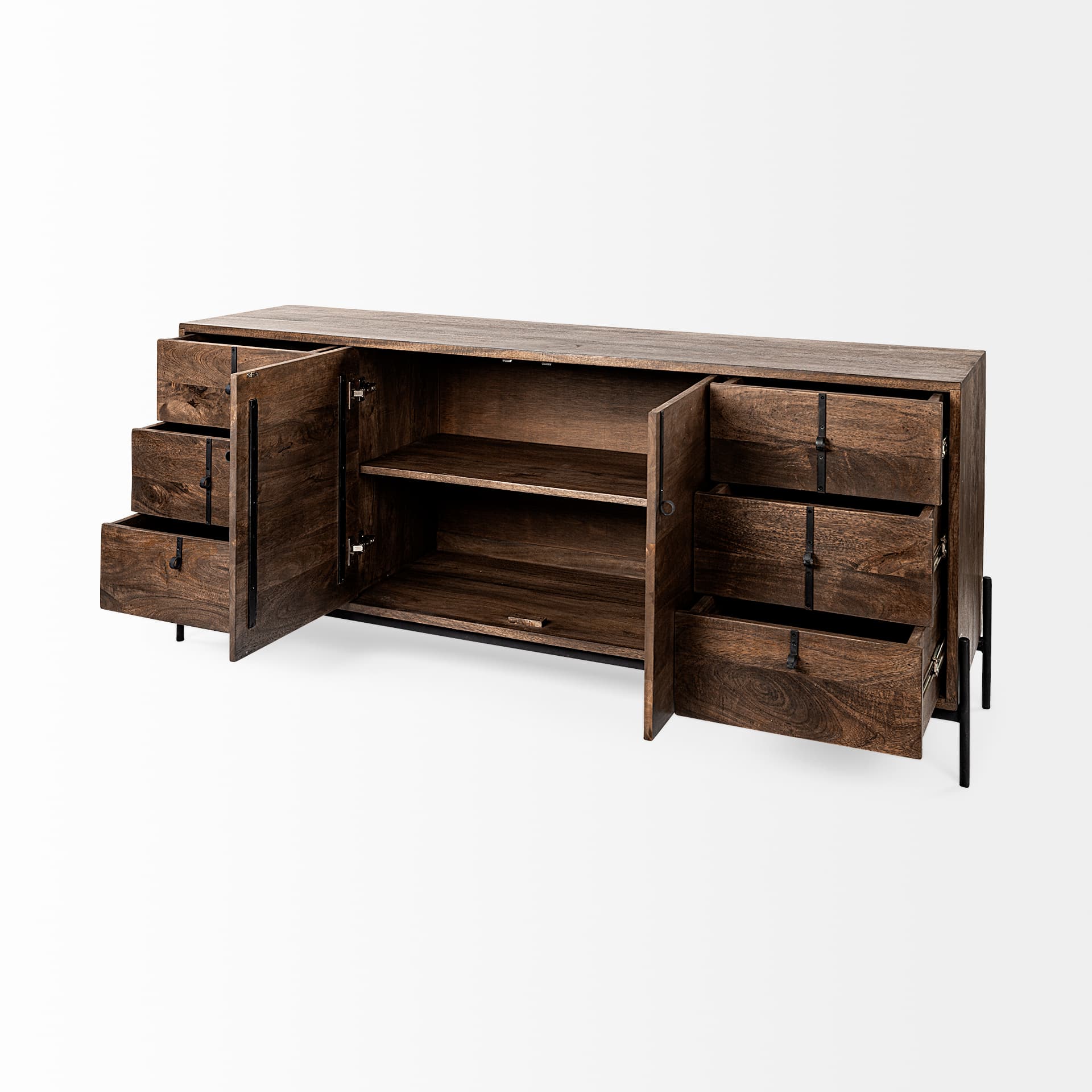 Glenn VI 71.5x18 Dark Brown Wood Frame w/ Black Iron Accent, 6 Drawer, 2 Door Cabinet Sideboard — product photograph