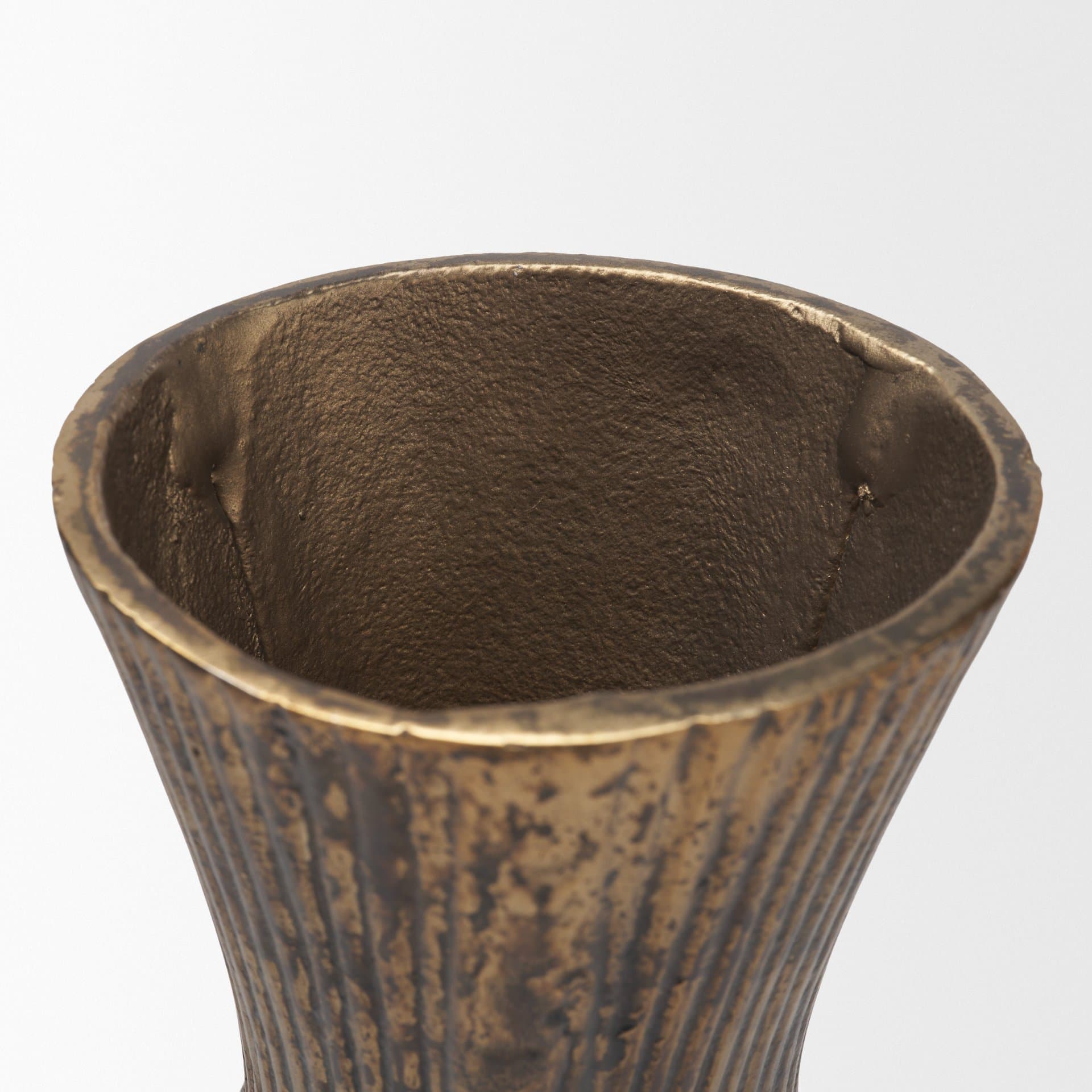 Patine Antiqued Brass Metal Fluted Hourglass Decorative Vase — product photograph