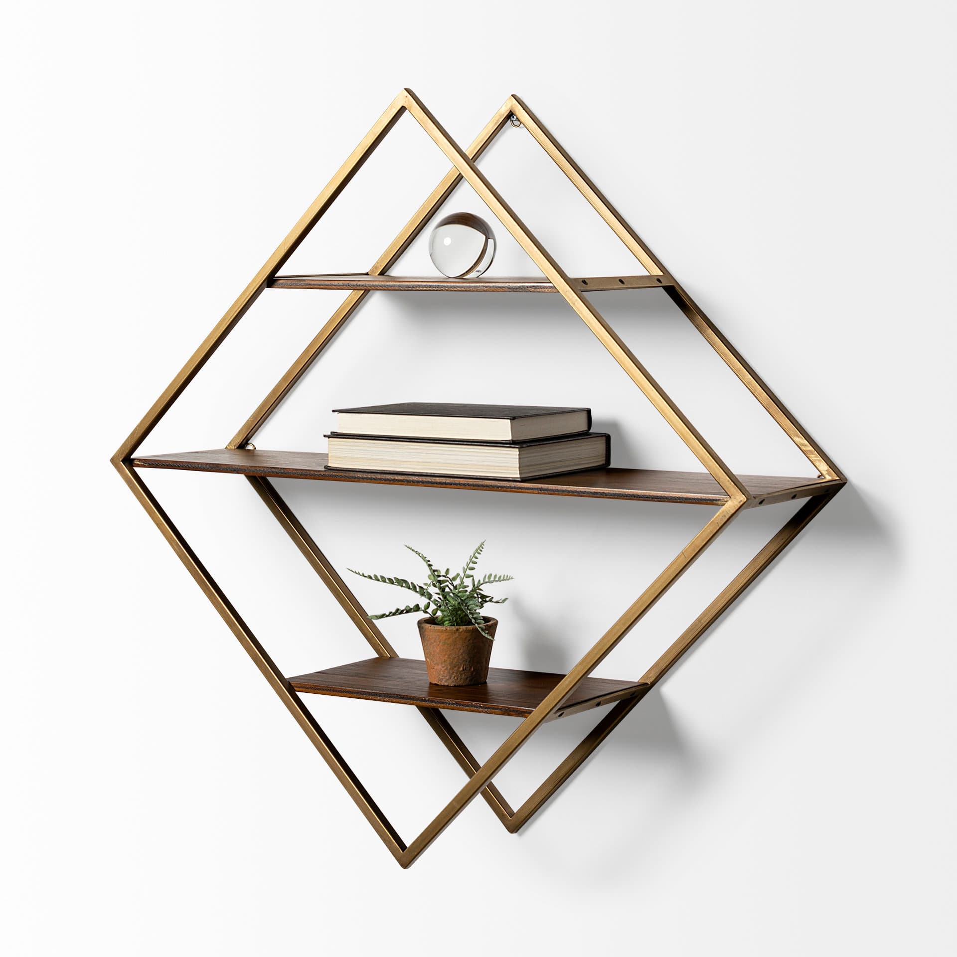 Neil I Diamond Shape Wall Mounted Brass Frame w Three Wood Wall Shelves — product photograph