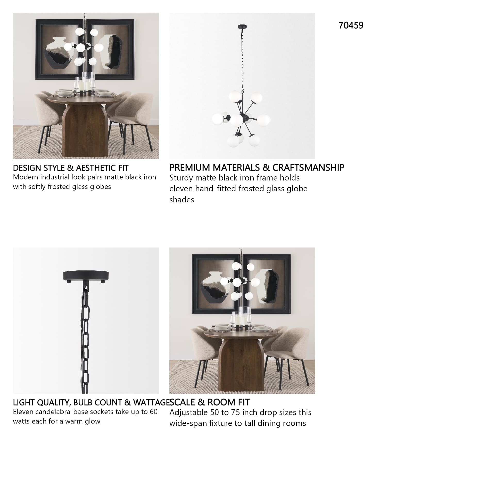 Barbara Matte Black Metal w/ Frosted Glass Globes 11-Light Chandelier — in a styled room