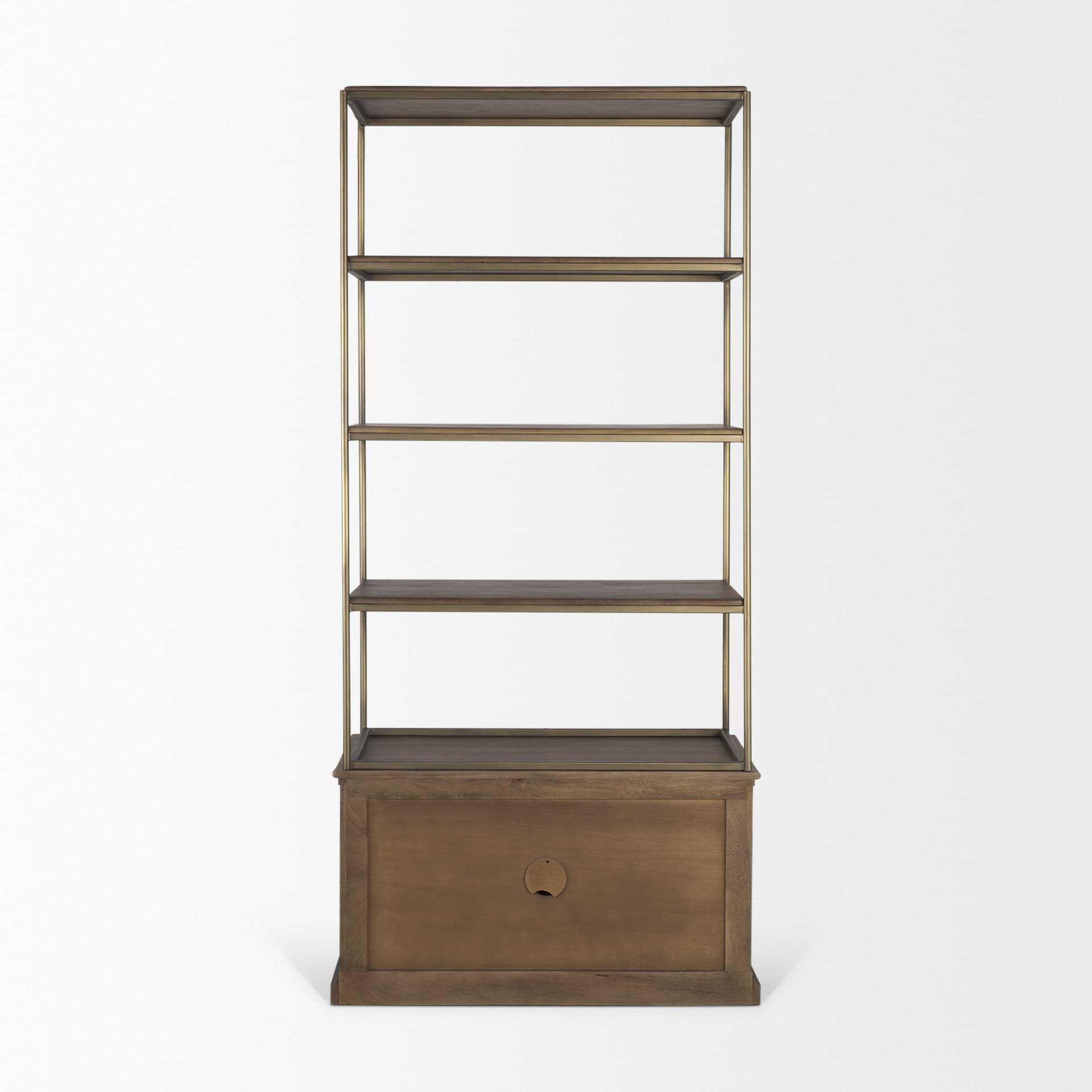 Baron Dark Brown Wood w/ Antiqued Aged Brass Metal 2-Door Open Shelving Unit — product photograph