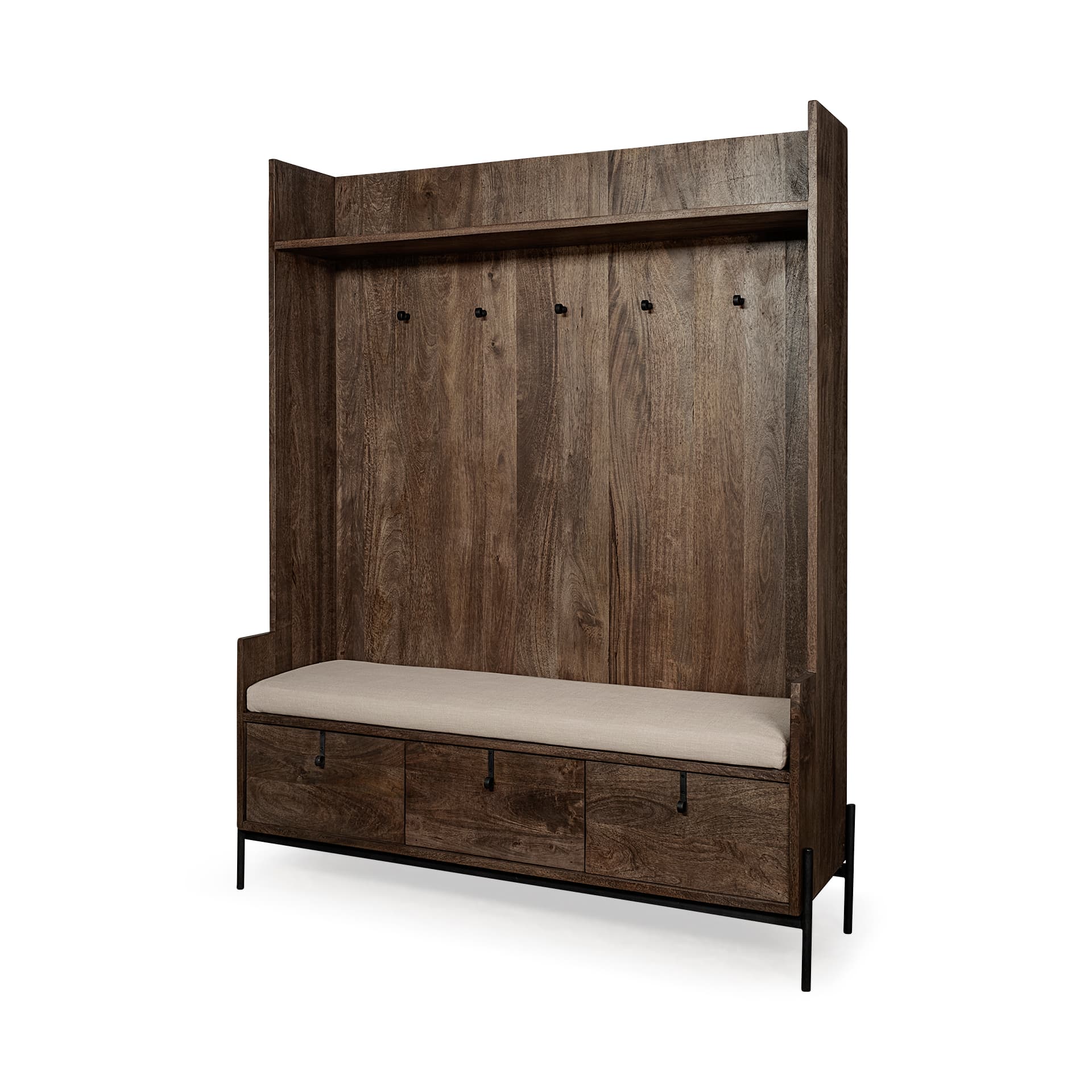 Glenn V 56L x 17W Dark Brown Wood w/ Cream Fabric Seat, 3 Drawers Hall Tree — product photograph