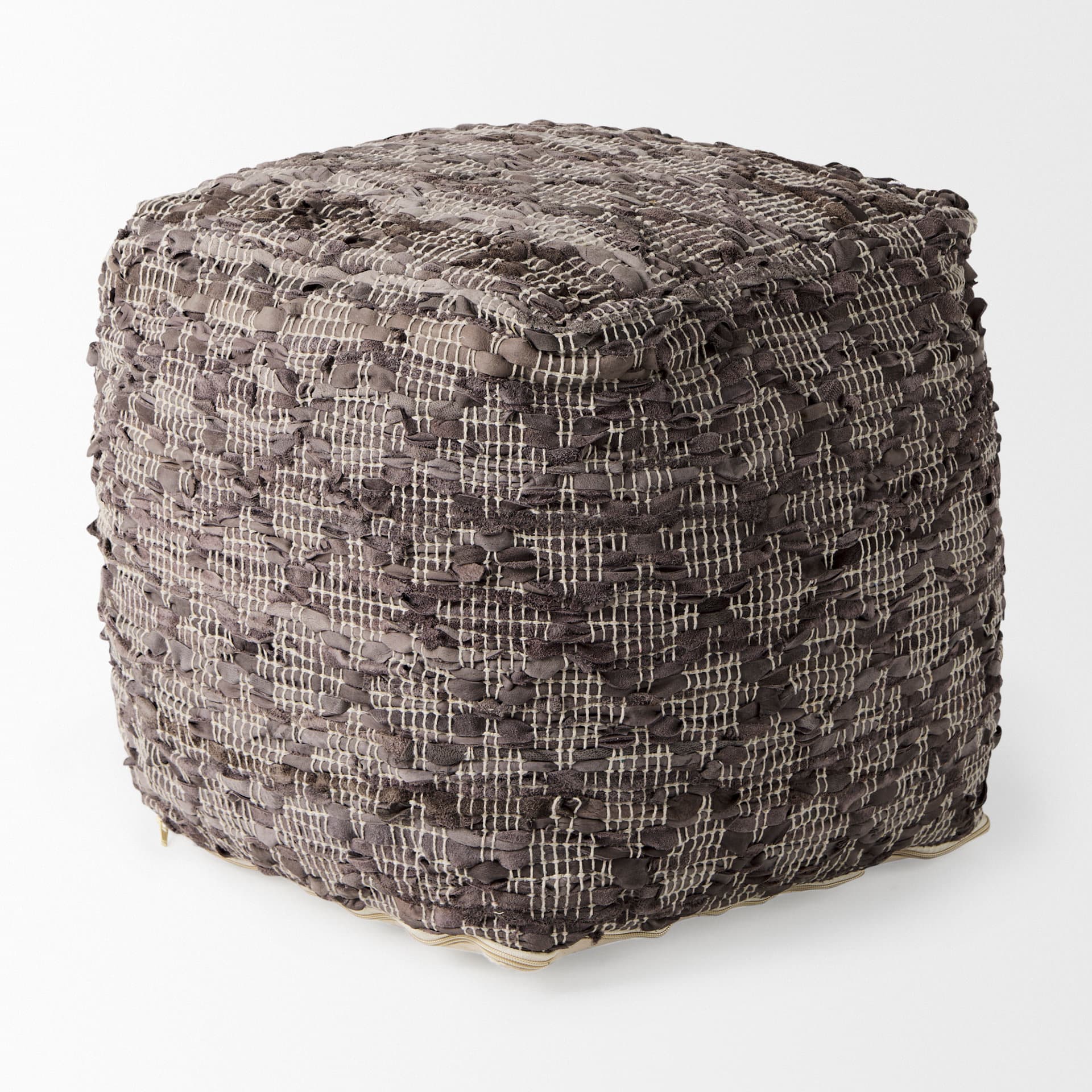 Falguni 16.0L x 16.0W x 16.0H Gray Leather and Cotton Patterned Pouf — product photograph