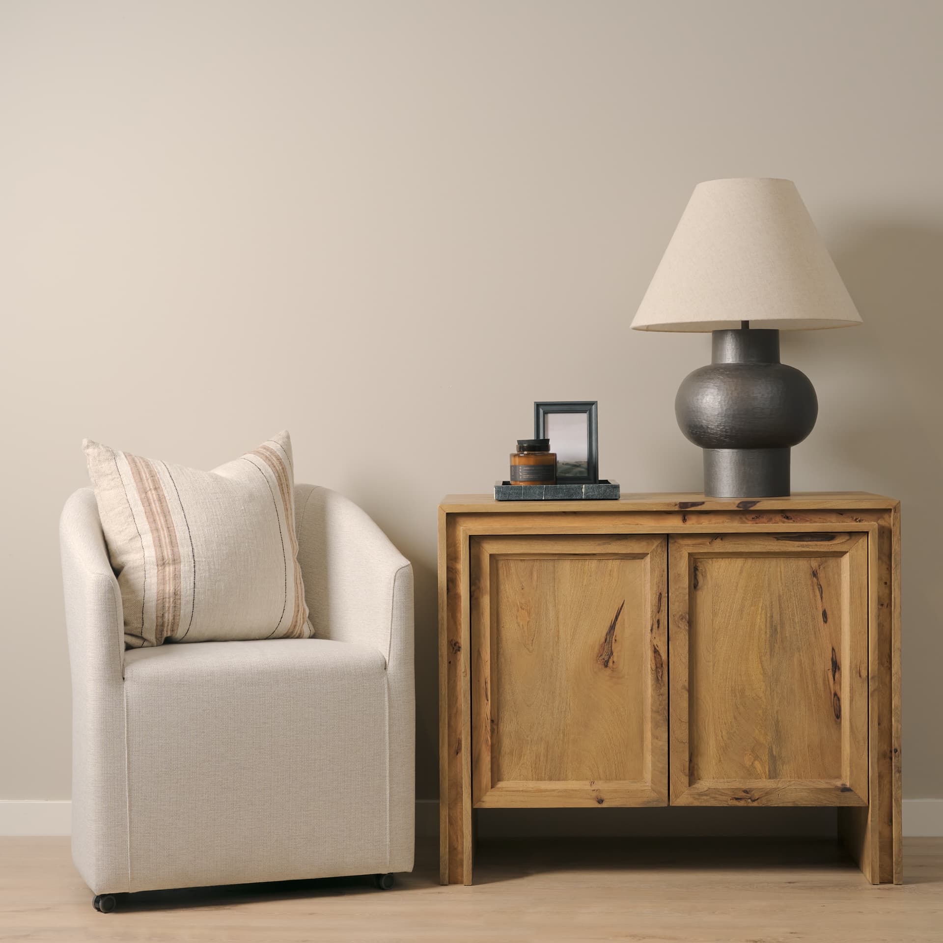 Salaah Black Brushed Metal w/ Beige Shade Table Lamp — product photograph