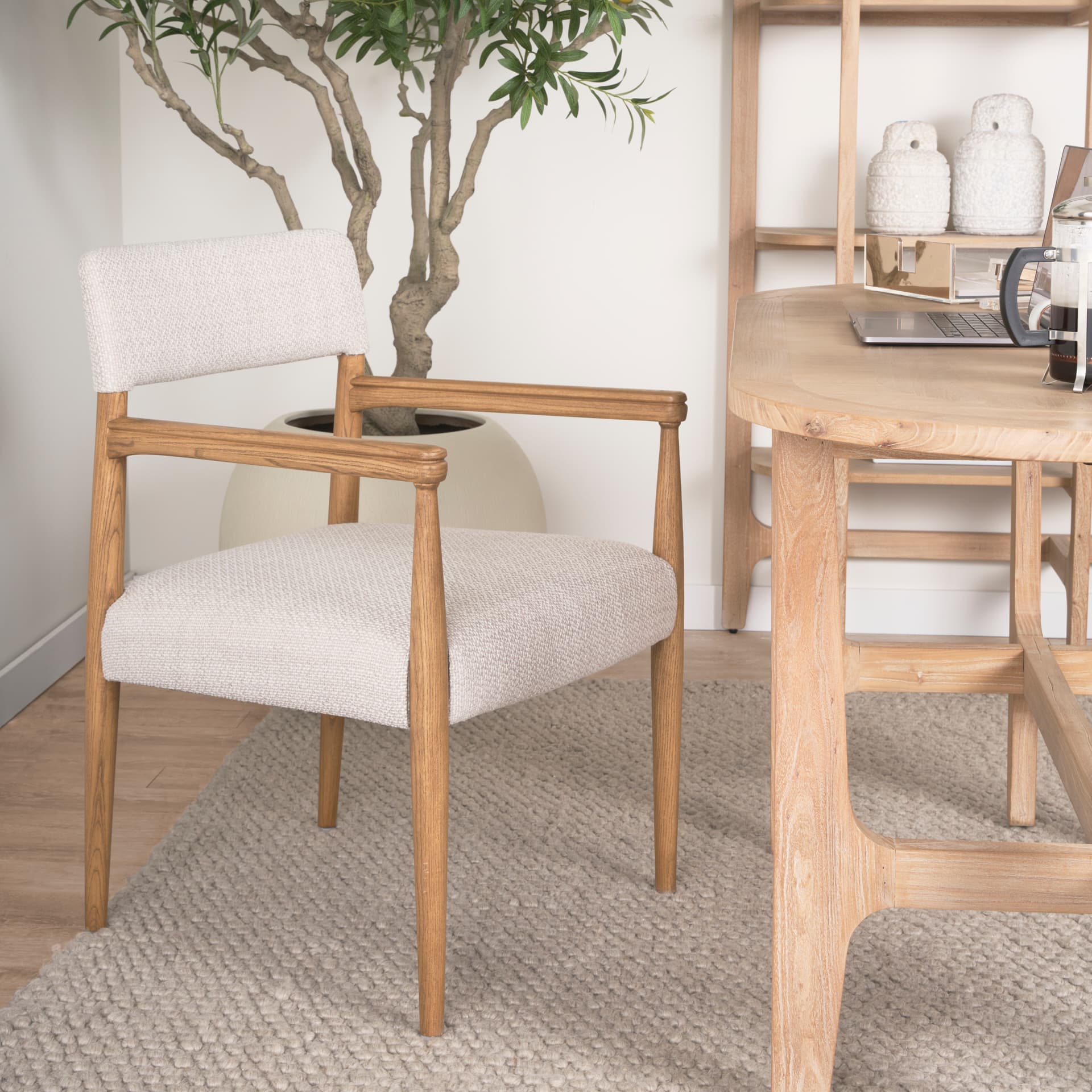 Toni Curved Back Dining Side Chair | Cream Fabric w/ Light Brown Wood — product photograph