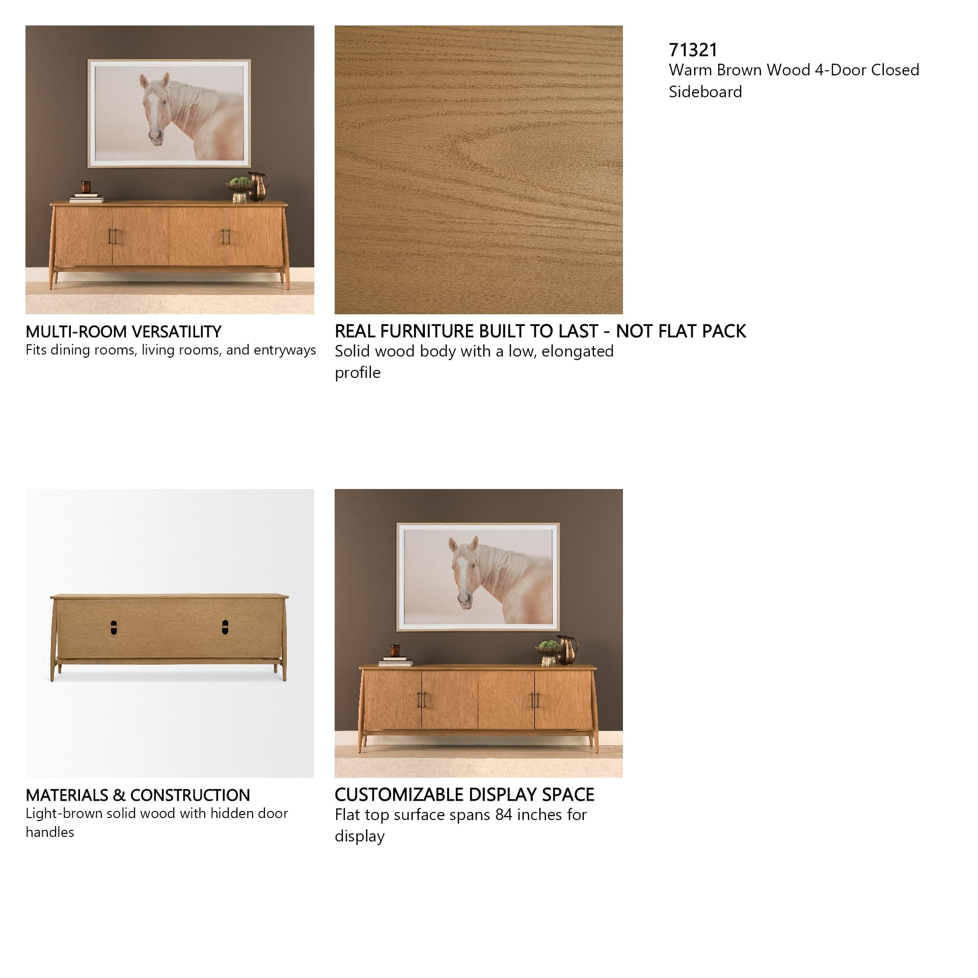 Hollis Warm Brown Wood 4-Door Closed Sideboard — in a styled room
