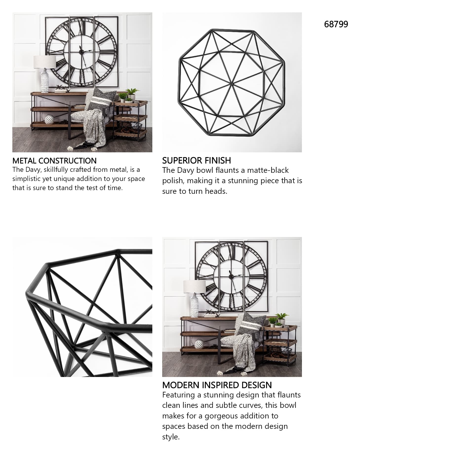 Davy 17L x 17W Black Metal Large Hexagonal Bowl — in a styled room