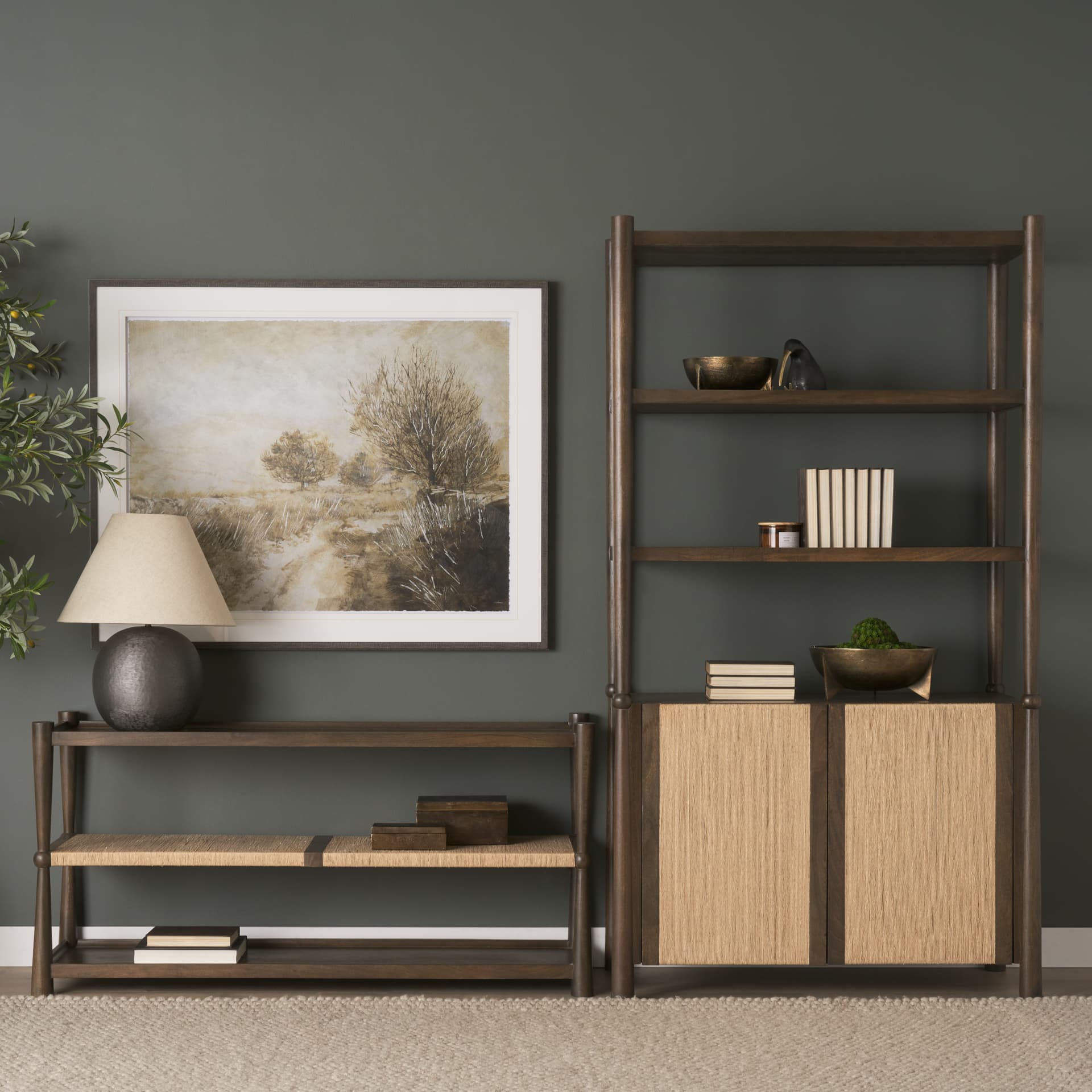 Bondi 2 Door Open Dark Brown Wood w/ Paper Rope Shelving Unit — in a styled room