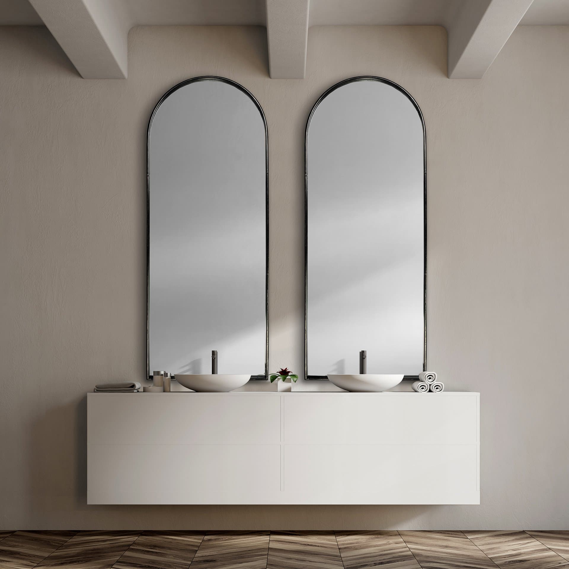 Agatha 28.0L x 2.0W x 70.0H Rounded Arch Black Metal Frame Full Length Mirror — in a styled room