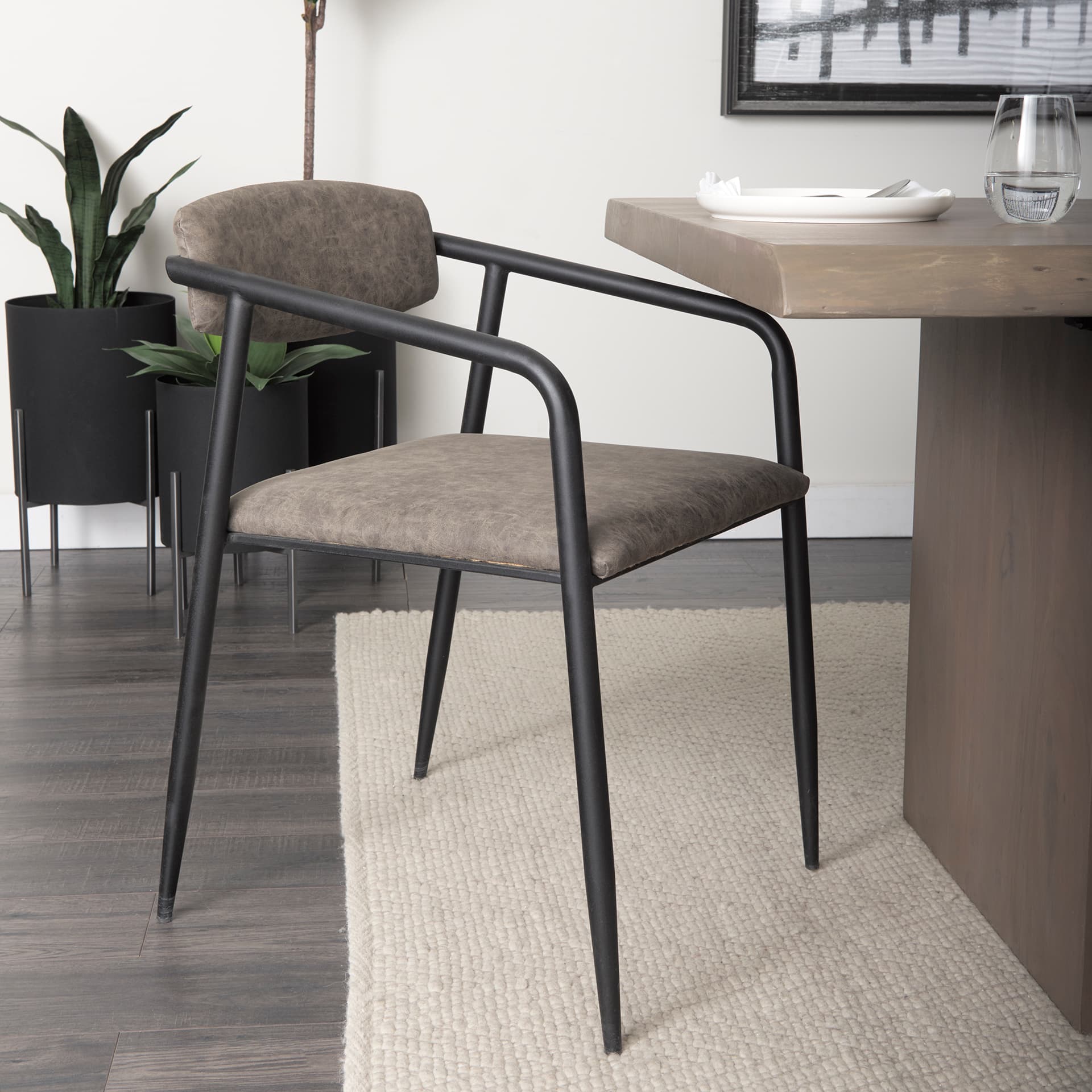 Langston Open Back Dining Arm Chair | Brown Faux Leather w/ Black Iron — product photograph