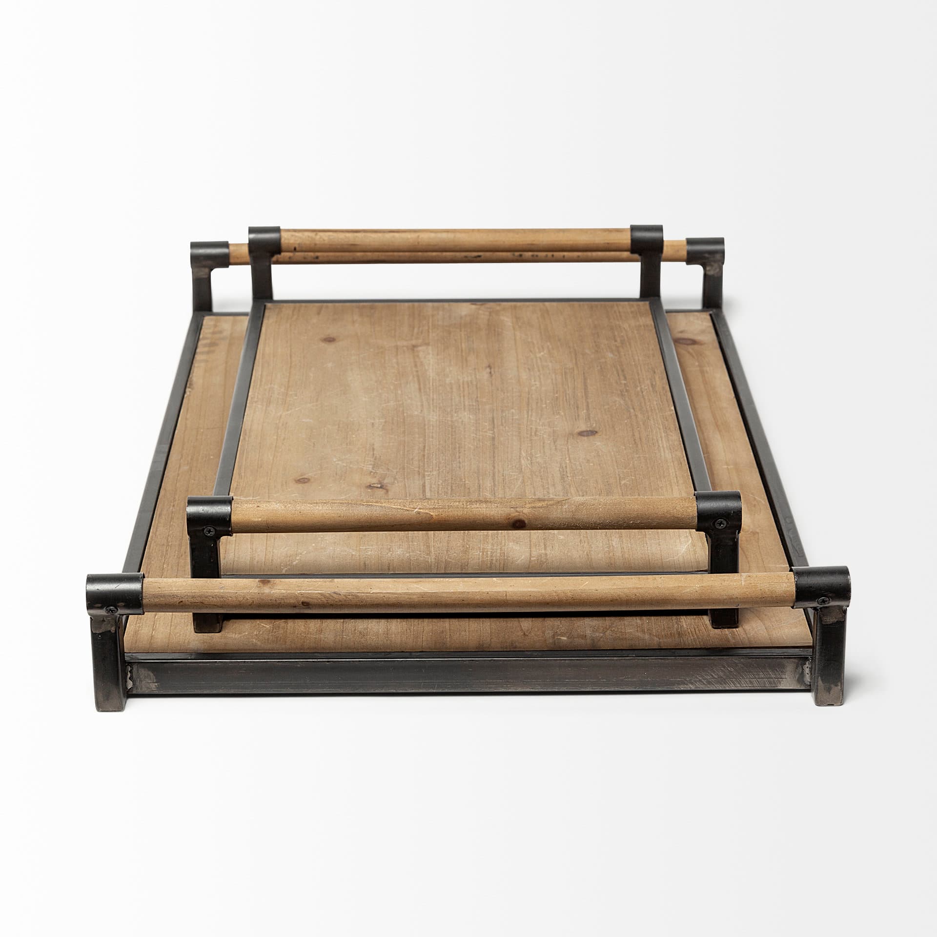 Benson Set of 2 Brown Wood Black Metal Trays — product photograph