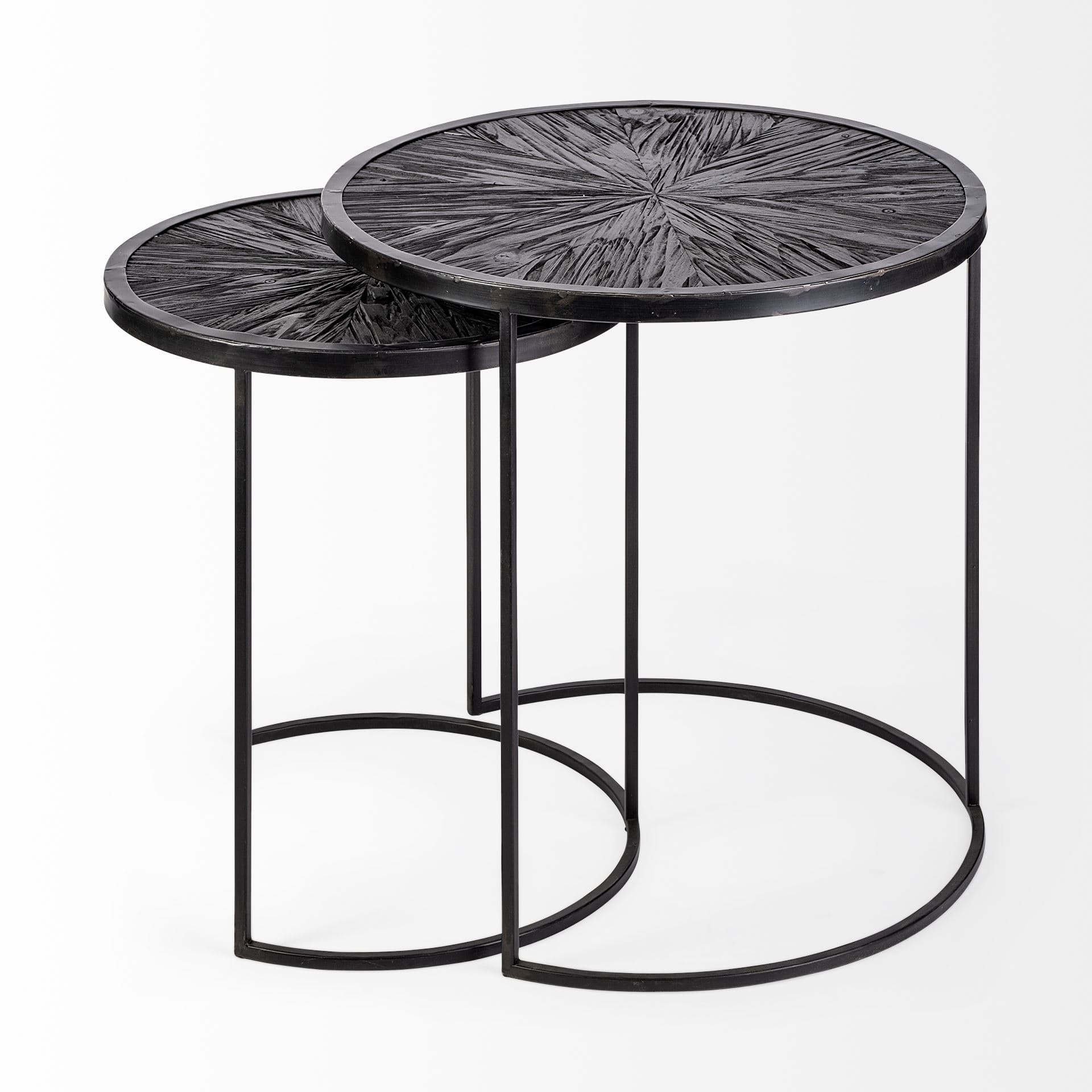 Chakra 19.7" Set of Two Round Dark Wood Top Black Frame Accent Tables — product photograph