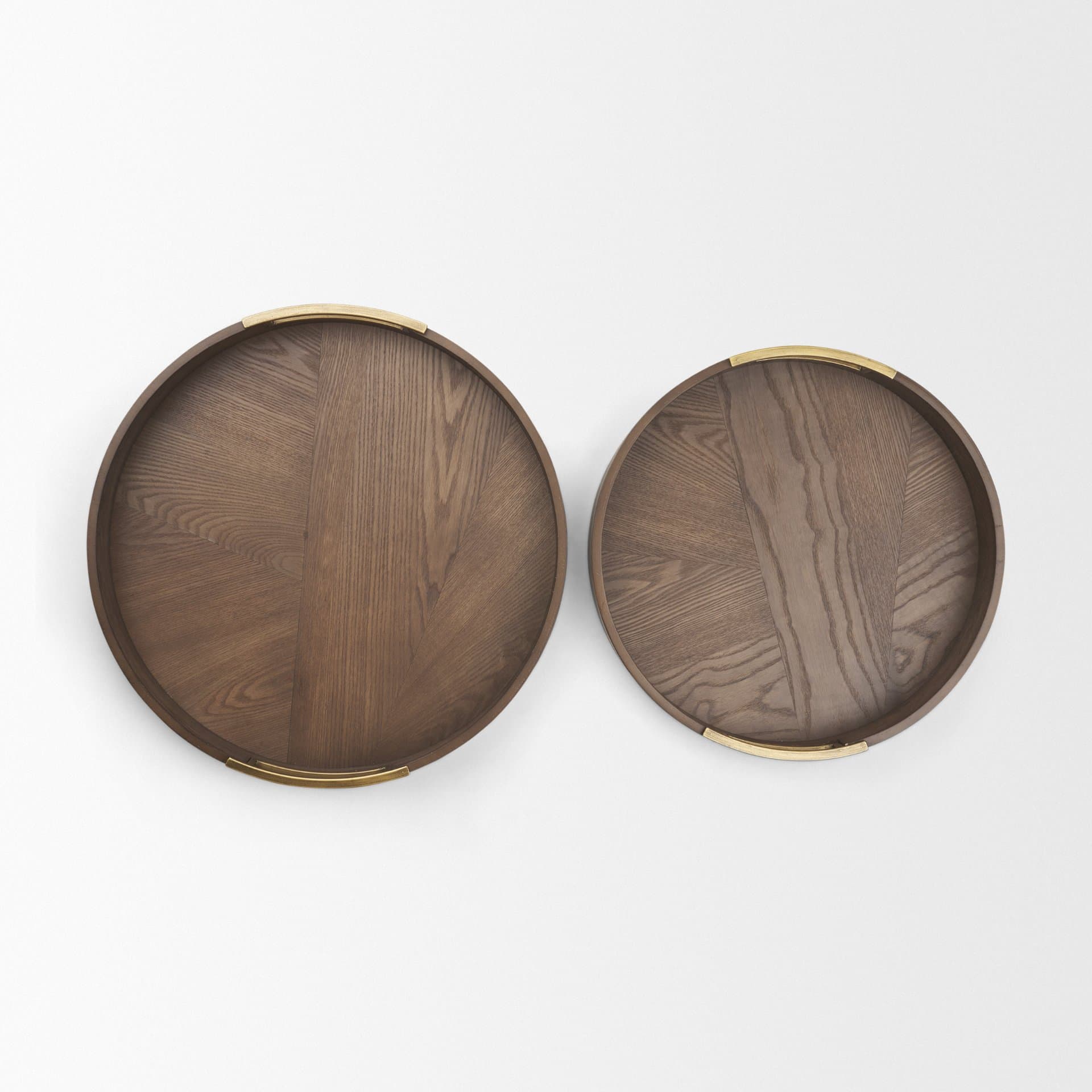 Langford Round Dark Brown Walnut Wood w/ Brass Handles Decorative Tray Set — product photograph