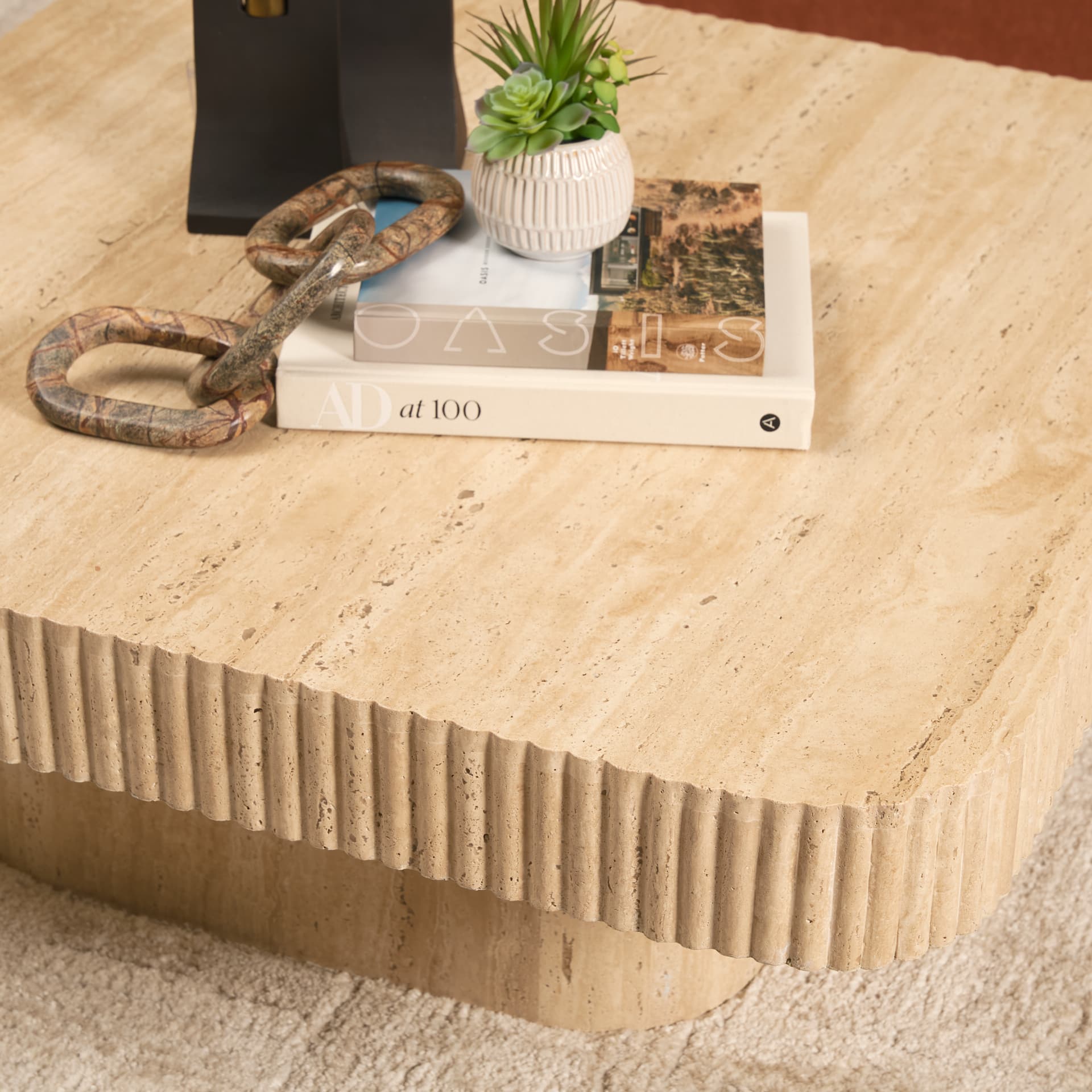 Tavora Ribbed Square Travertine Coffee Table — product photograph
