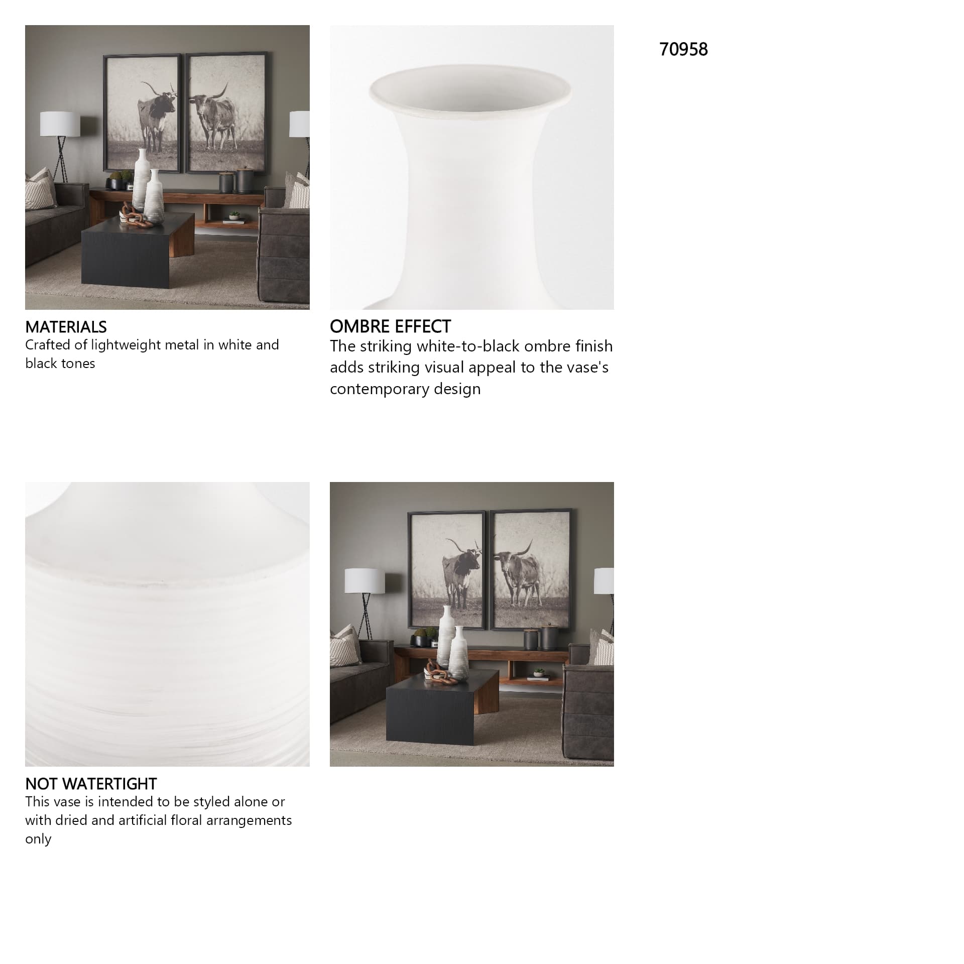 Toru Tall White w/ Grey Ombre Metal Vase — in a styled room