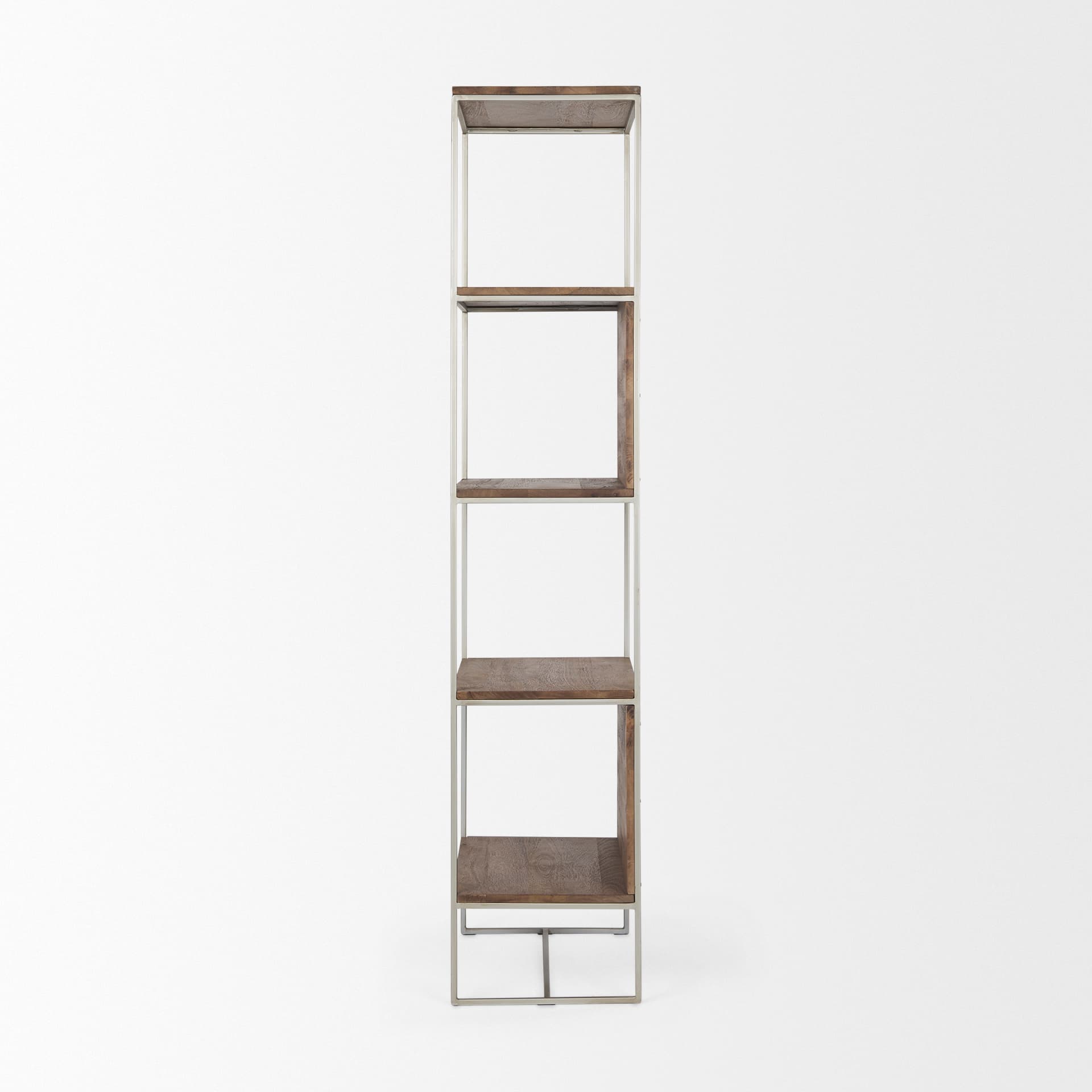 Morris II 19.75 x 15 x 72.5 Brown Wood and Silver Metal Frame 4 Shelf Shelving Unit — product photograph