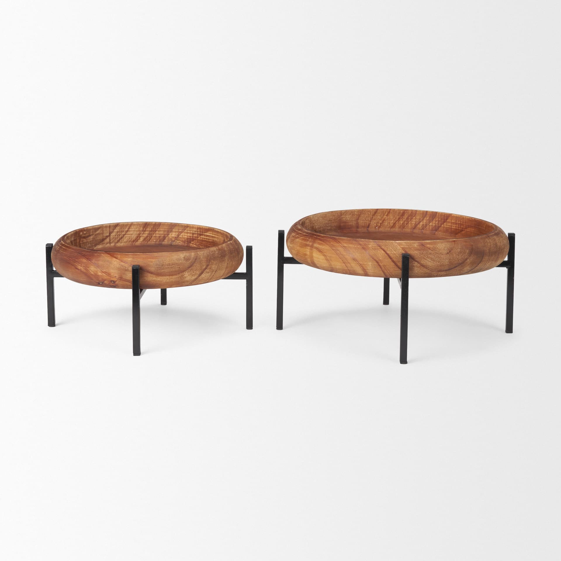 Wally Round Medium Brown Wood w/ Matte Black Metal Stand Trays — product photograph