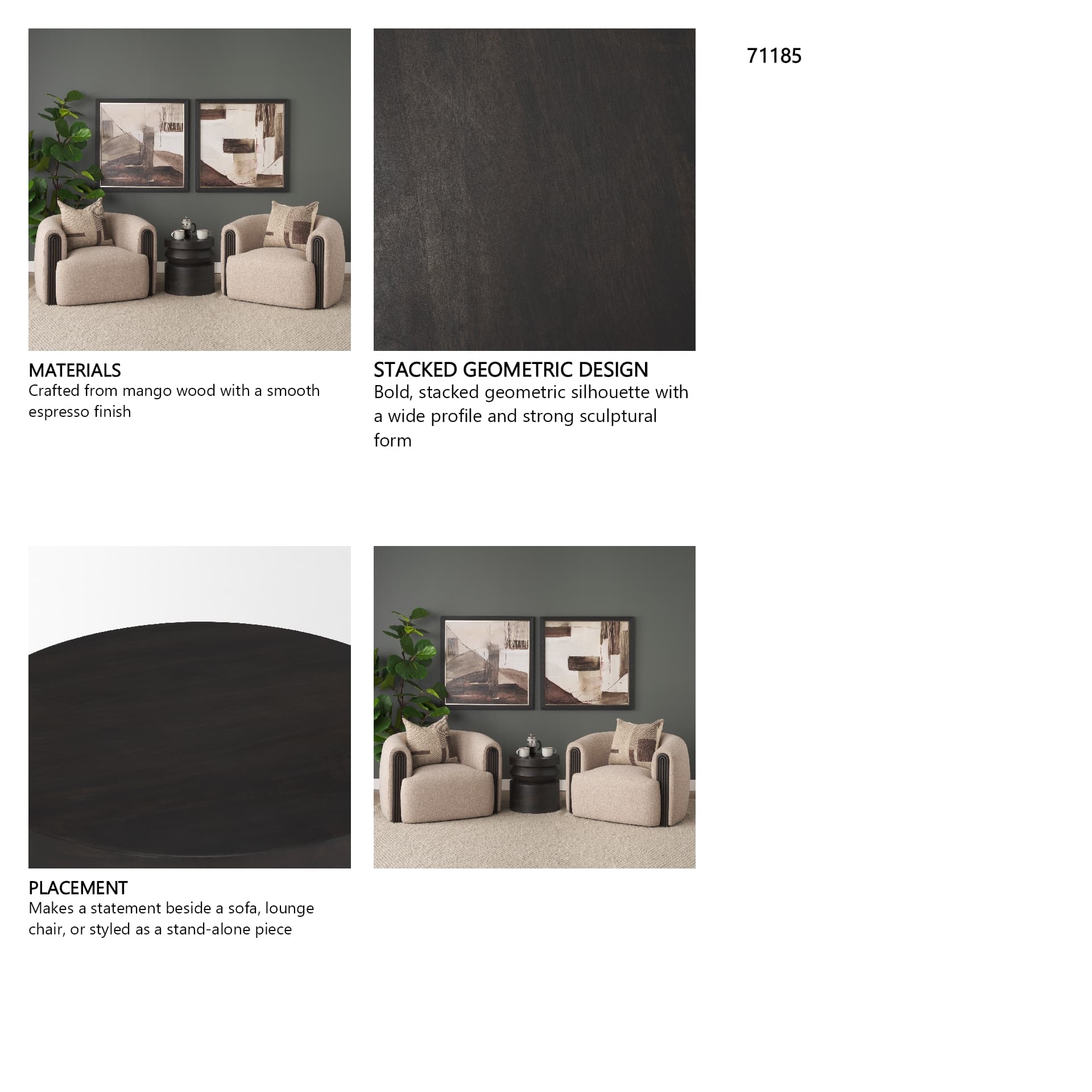 Rashama Dark Brown Wood Stacked Geometric Round Accent Table — product photograph