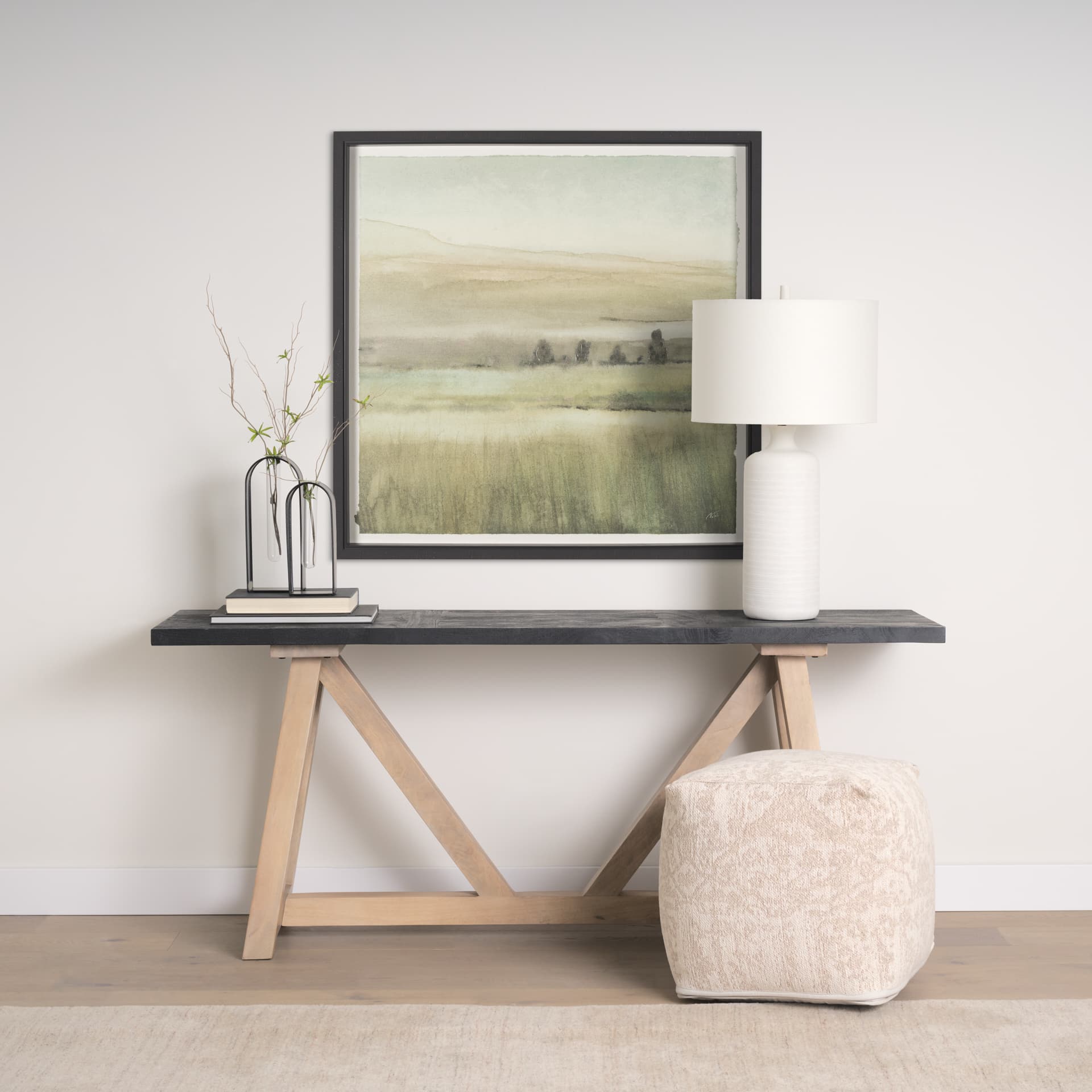Rolling Fields I Hand Embellished Black Framed Watercolor Art Print on Paper Mounted with Backing — in a styled room