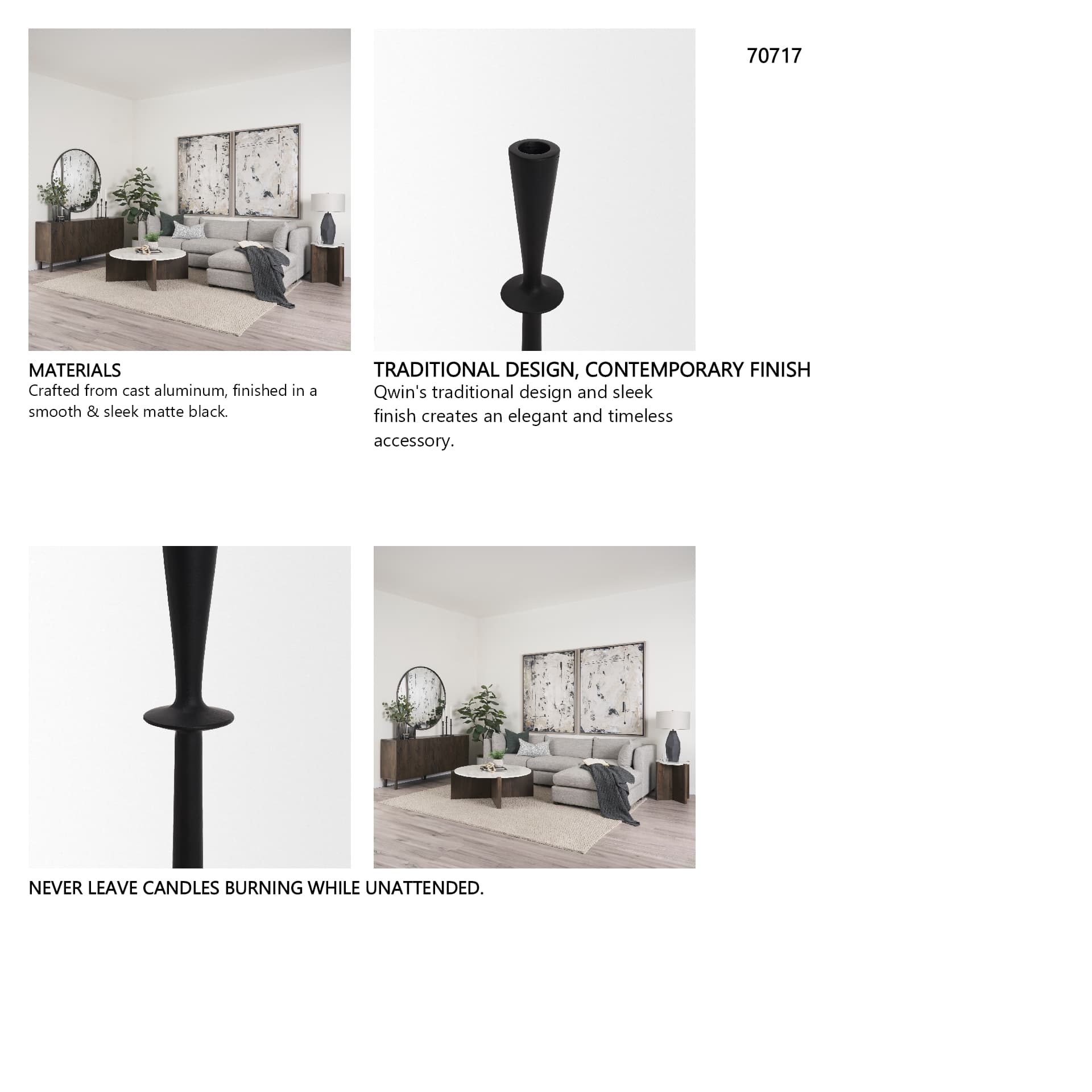Qwin Matte Black Cast Aluminum Medium Candle Holder — in a styled room