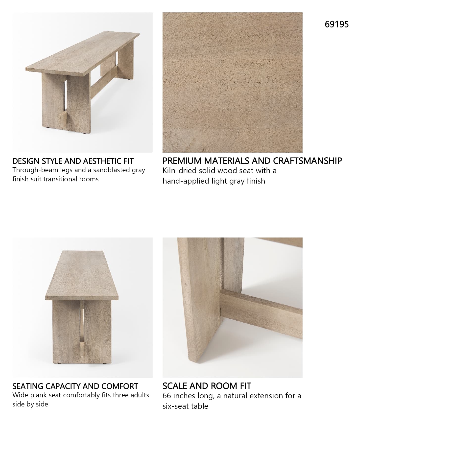 Aida 18H Light Gray Wood Dining Bench — in a styled room