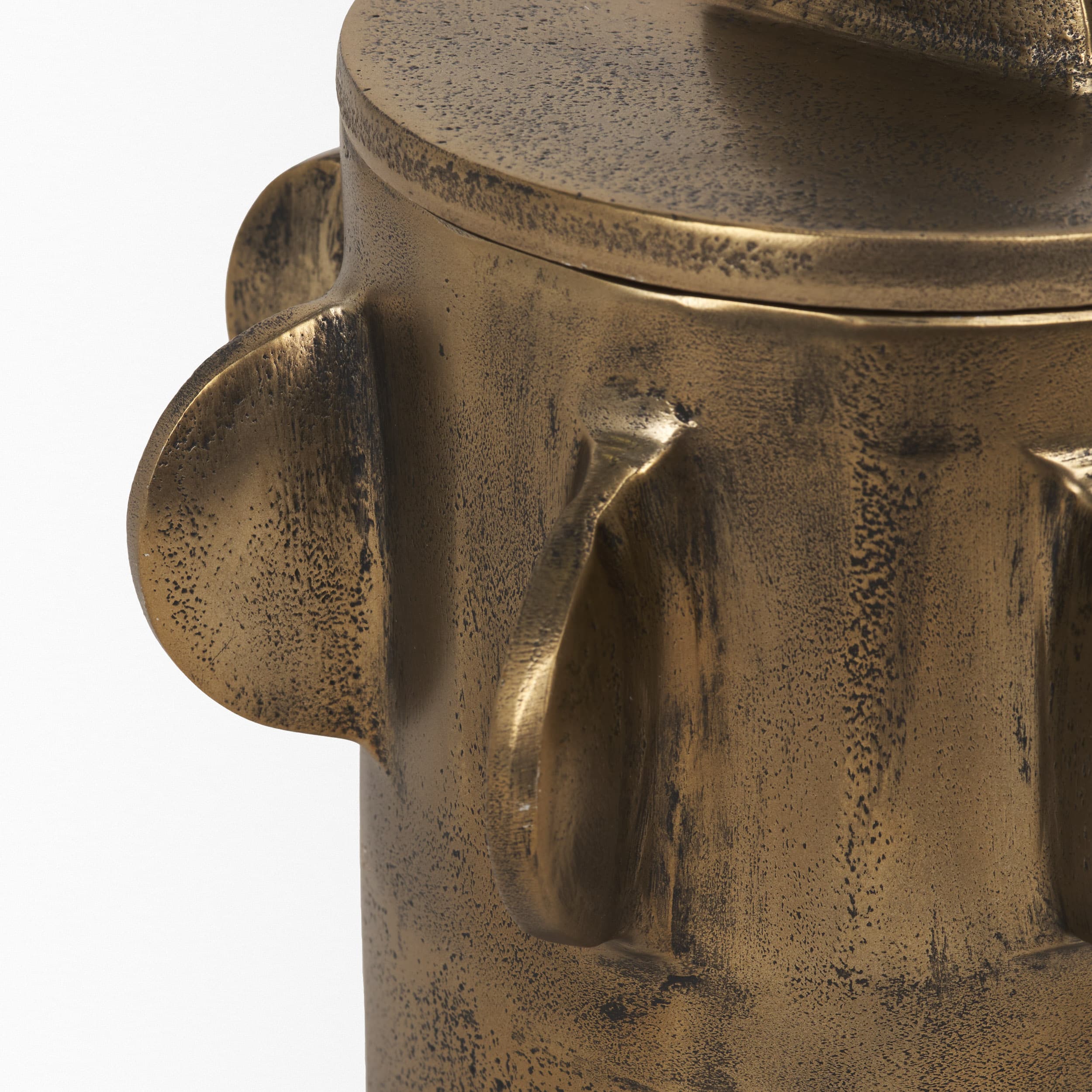 Deacon Small Antiqued Gold Metal Canister with Sculptural Handles — product photograph