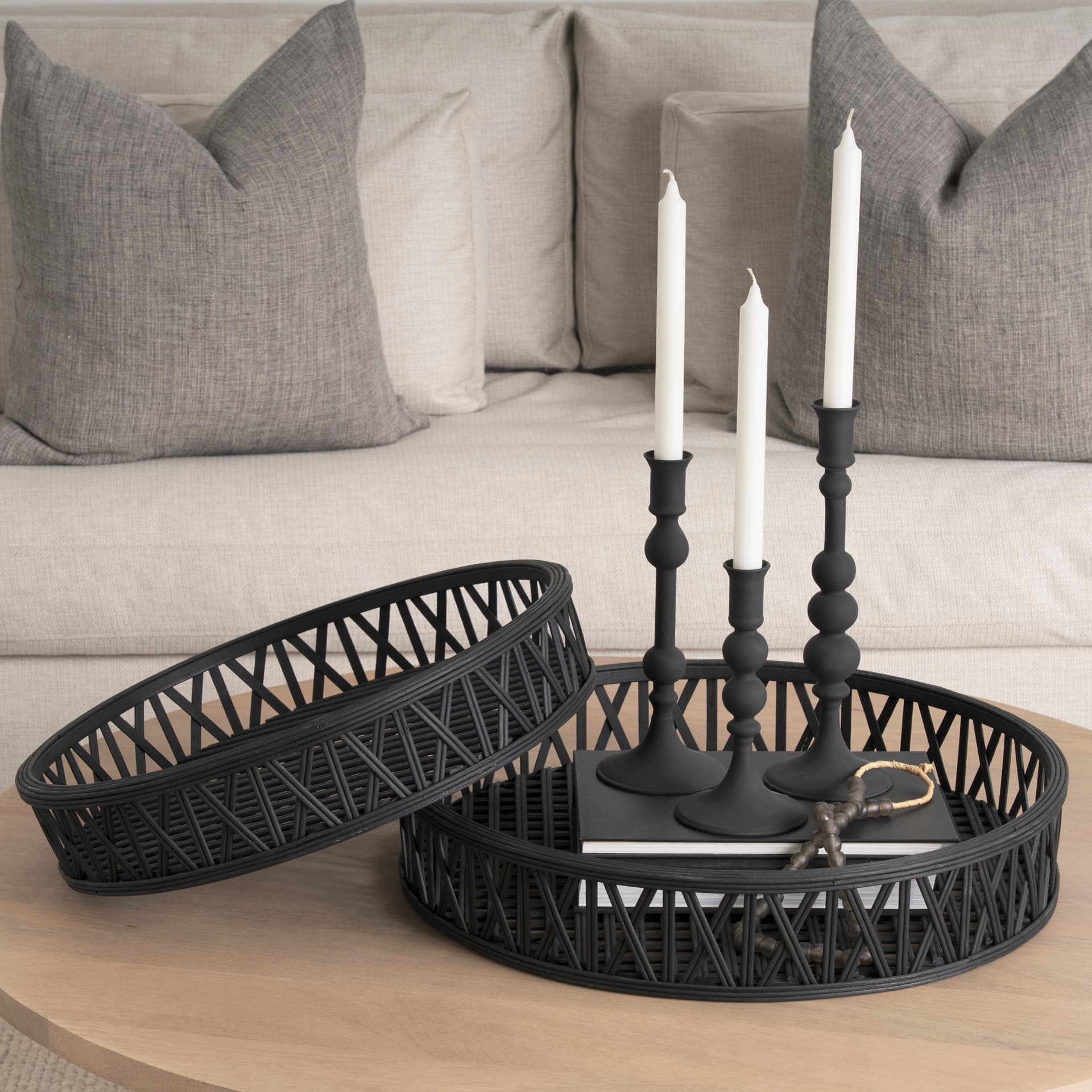 Haute Large Matte Black Blown Glass Candlestick — in a styled room