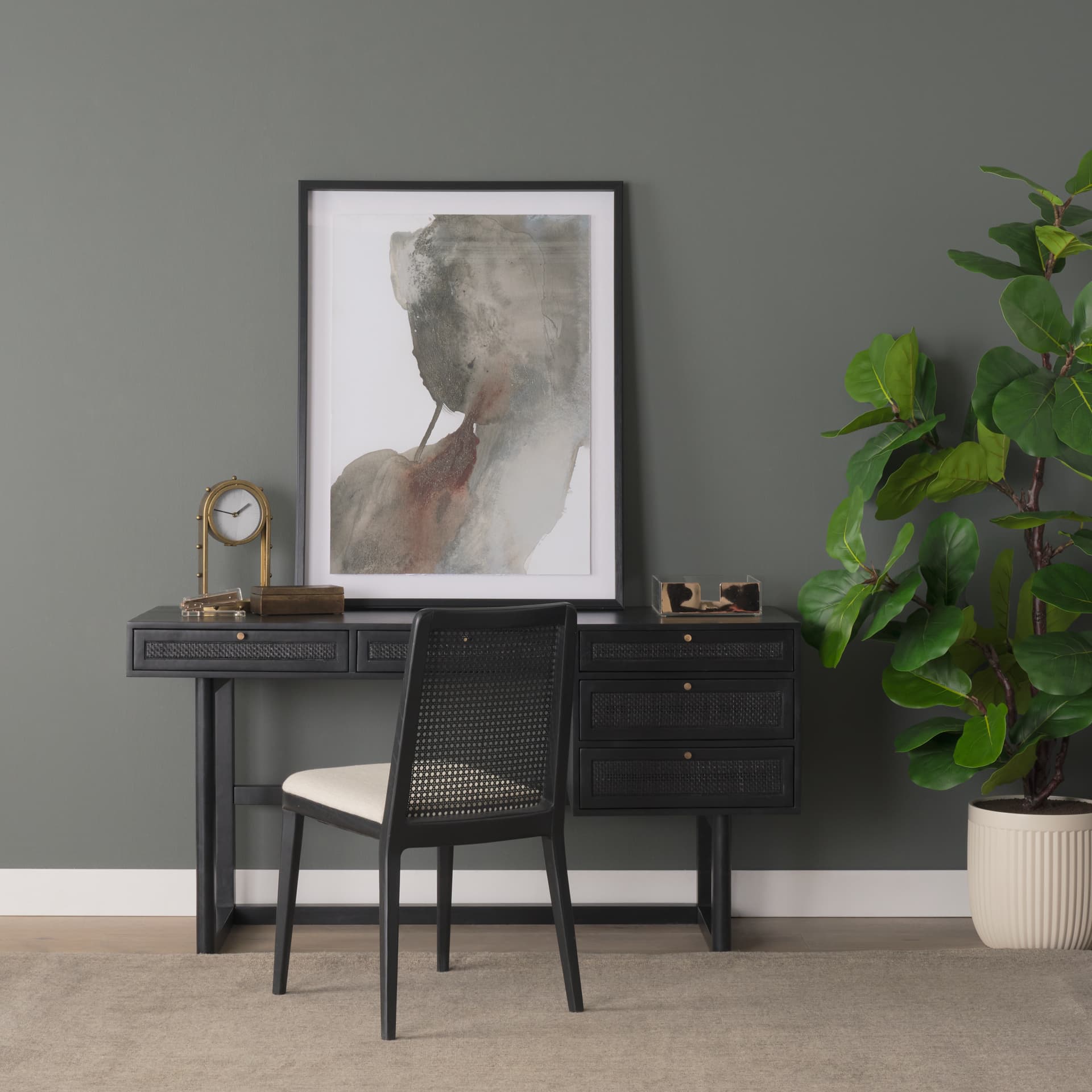 Grier 60" Black Solid Wood W/ Black Cane Office Desk — product photograph