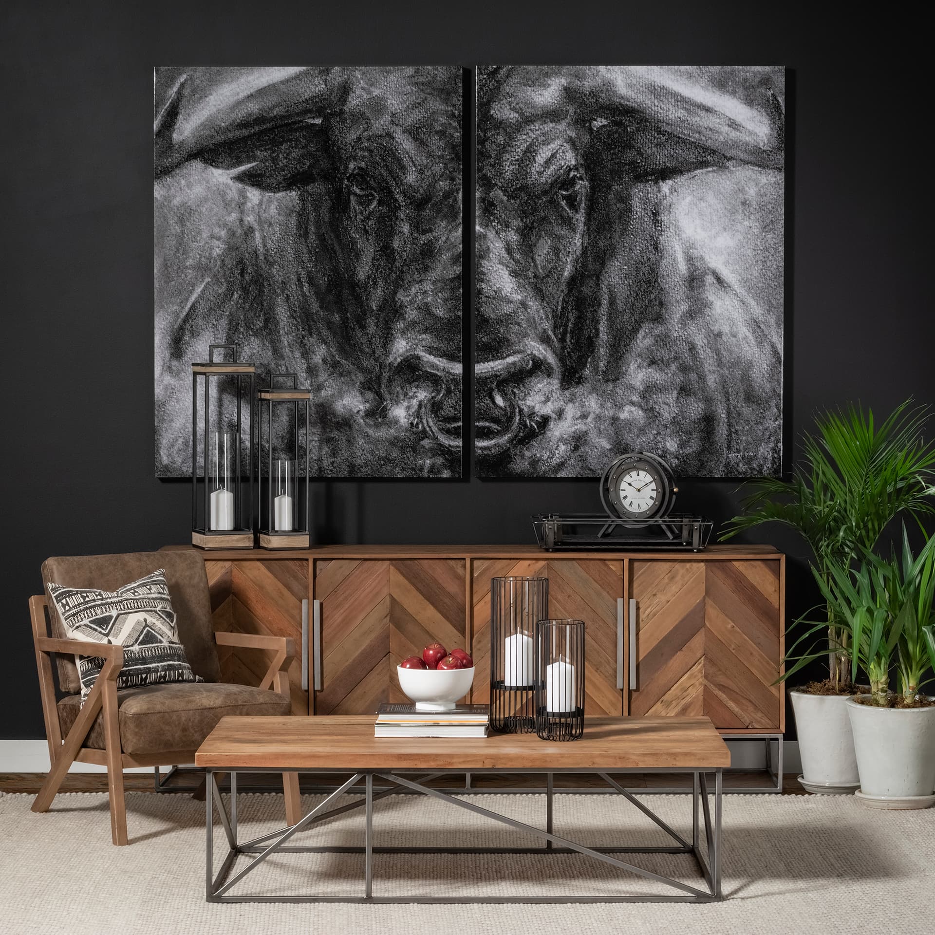 Velo II Large Black Metal Cylindrical Table Candle Holder — in a styled room