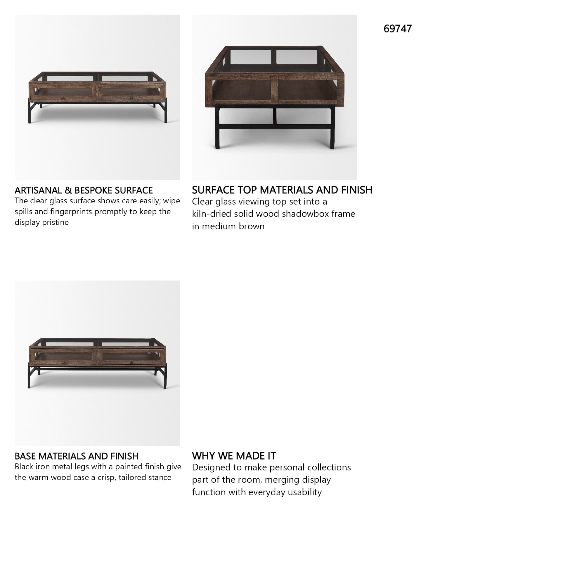 Arelius 49.5"L Rectangular Glass-Top Medium Brown Wood w/ Black Metal Base Display Coffee Table — in a styled room