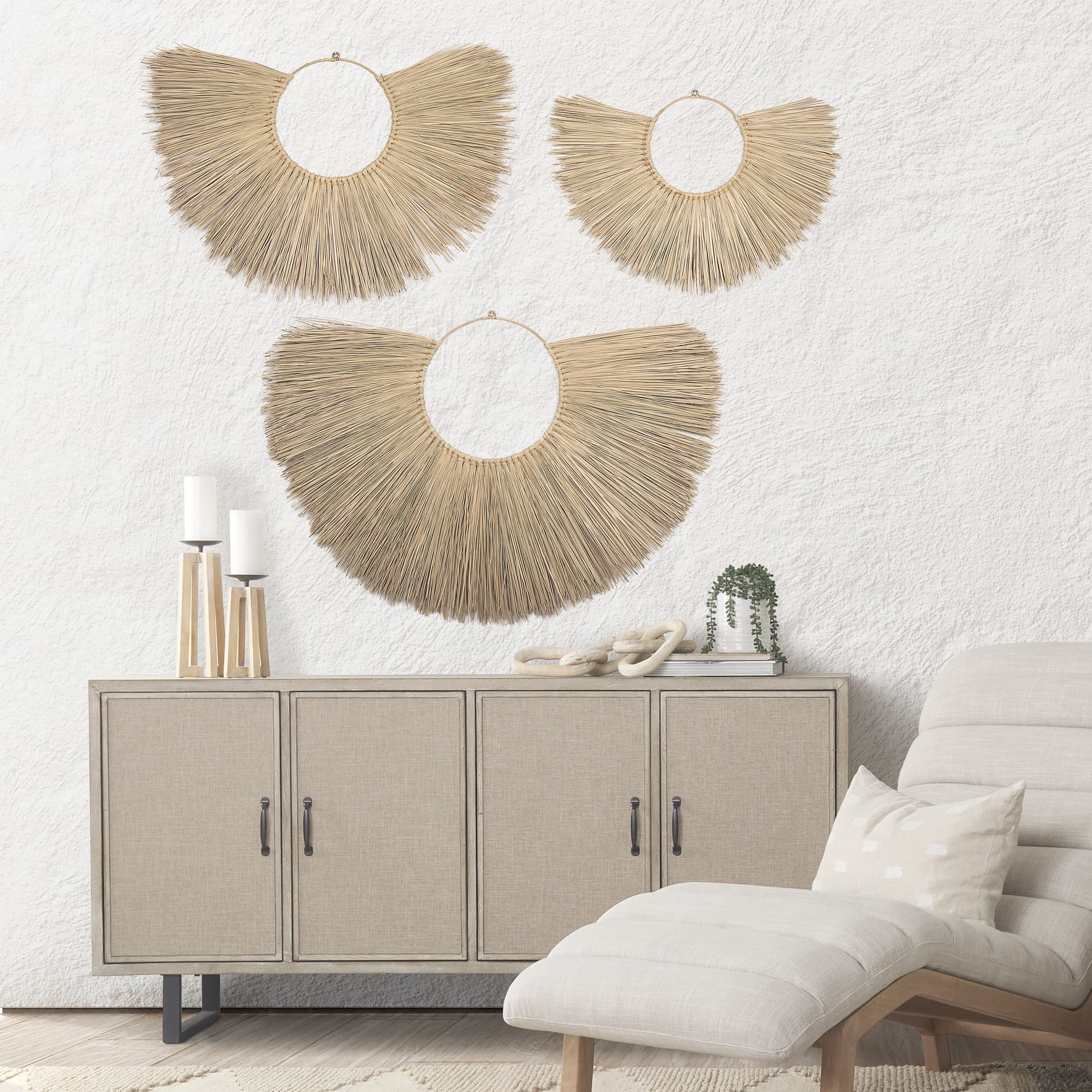Bayu Set of 3 Seagrass Boho Weave Fan Wall Decor — in a styled room