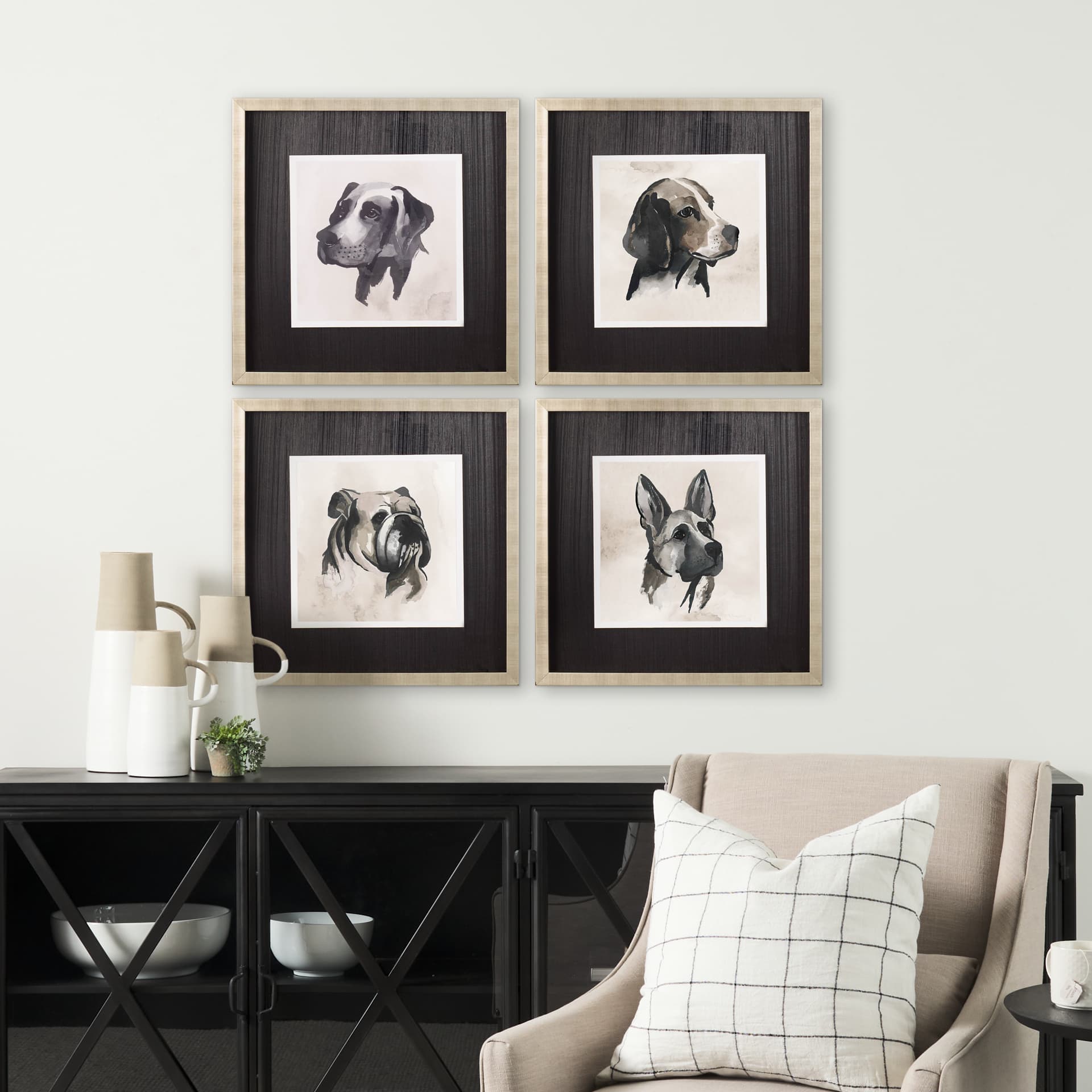 Small Inked Dogs I by Grace Popp a Hand Embellished Textured Framed Art Print Matted under Glass — in a styled room