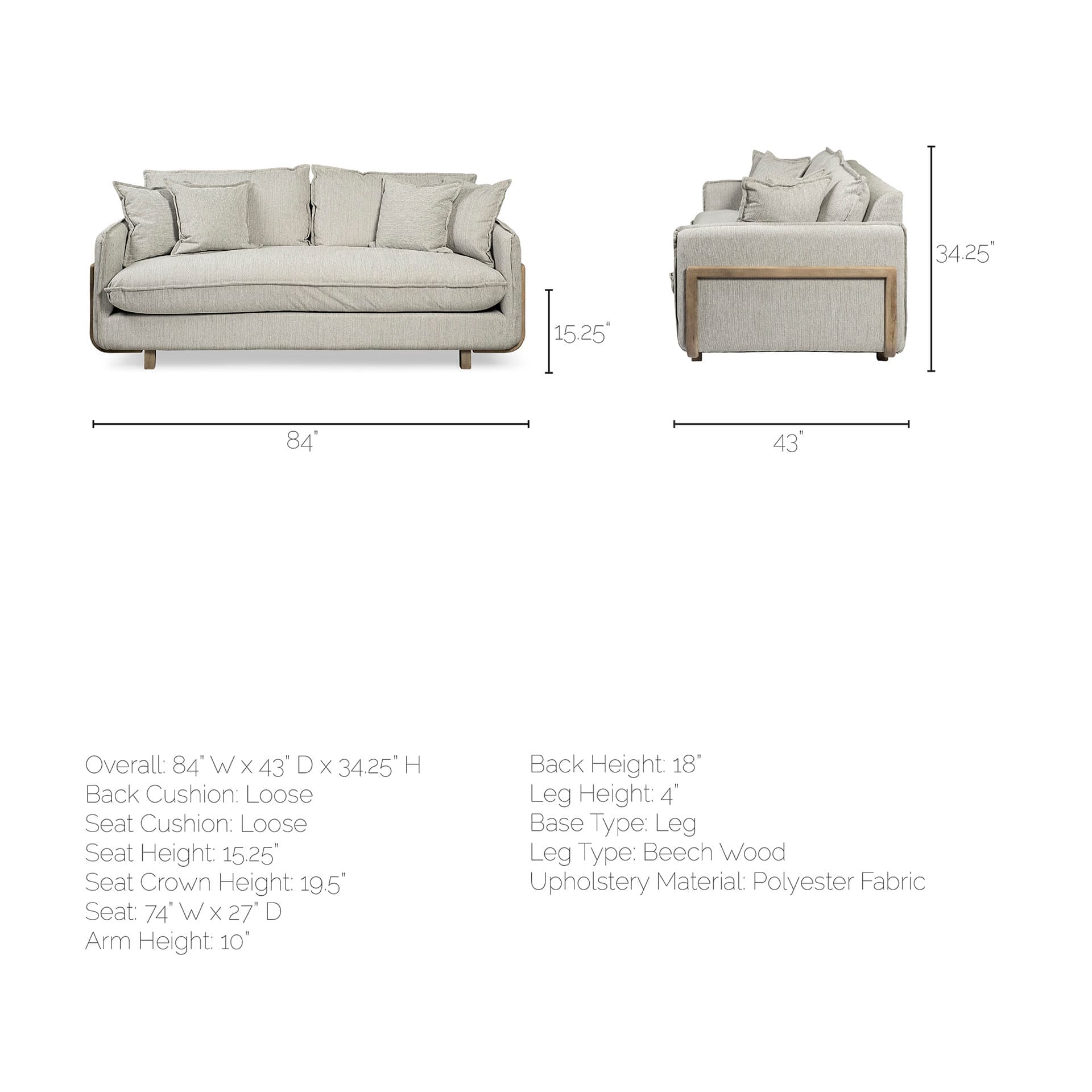 Roy I 84" Frost Gray Upholstered Three Seater Sofa — product photograph