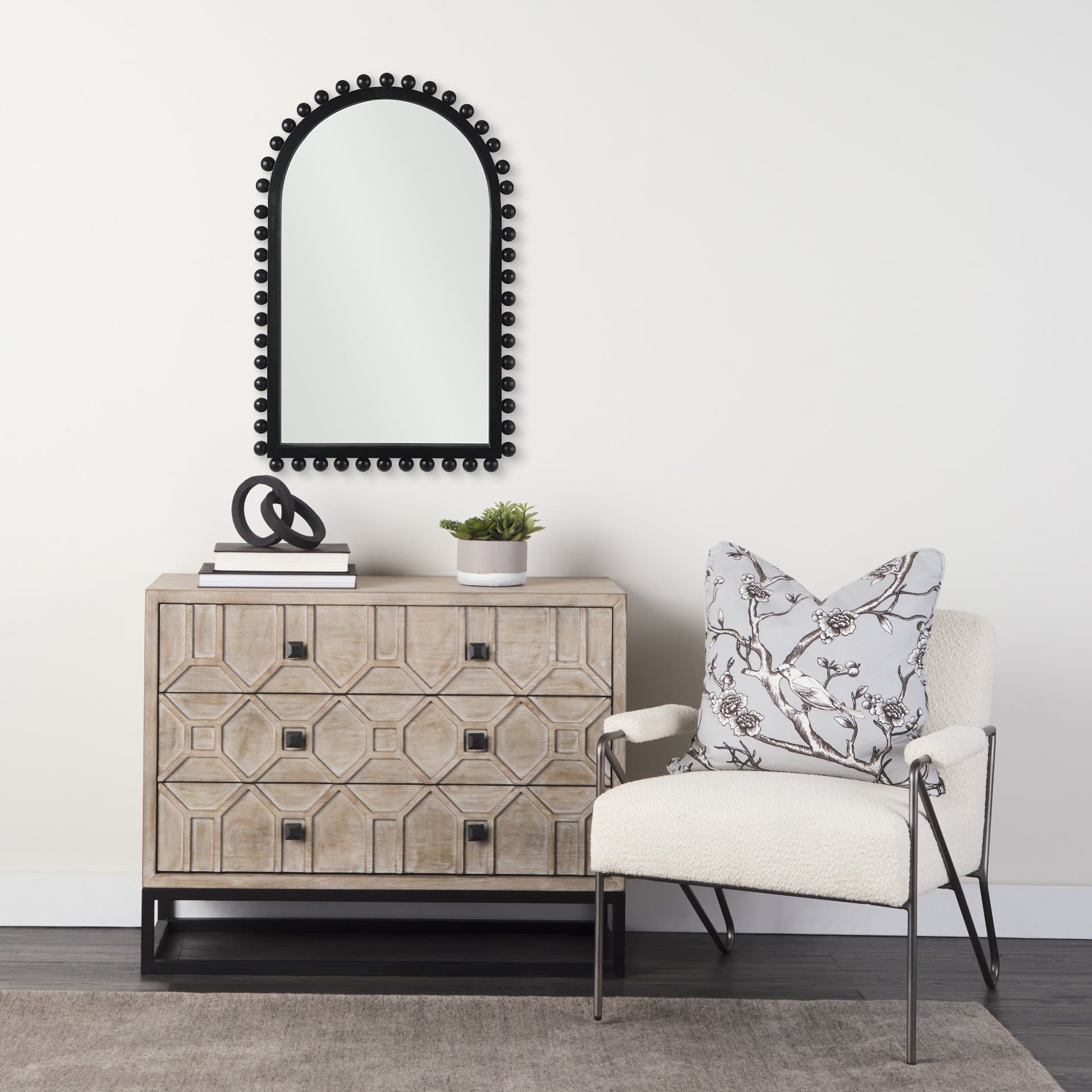 Leeds 23L x 35H Black Wood Arch Frame Mirror — in a styled room