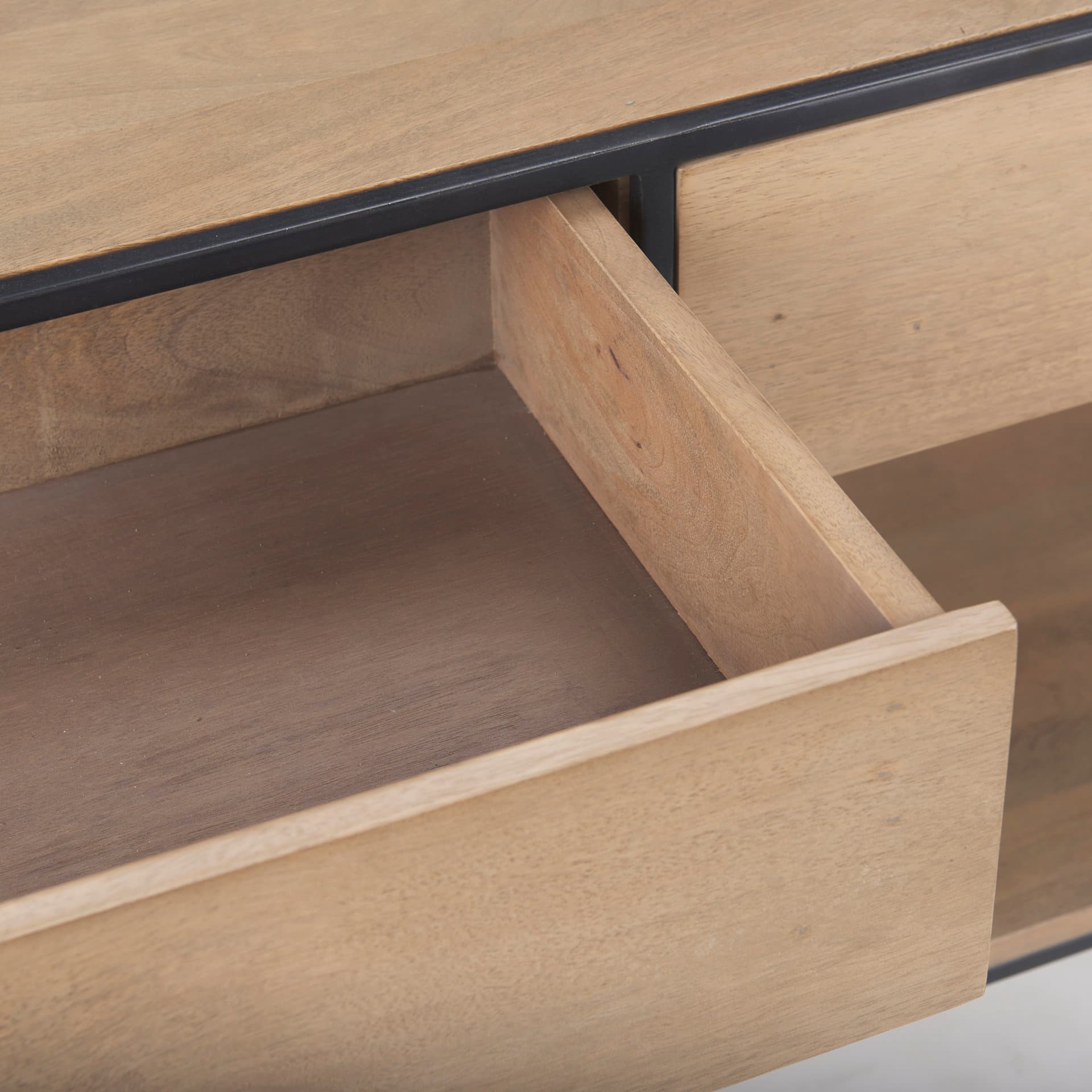 Morris 63.0L x 15.0W x 31.0H Beige Wood w/ Black Metal Frame 2 Drawer Console Table — product photograph