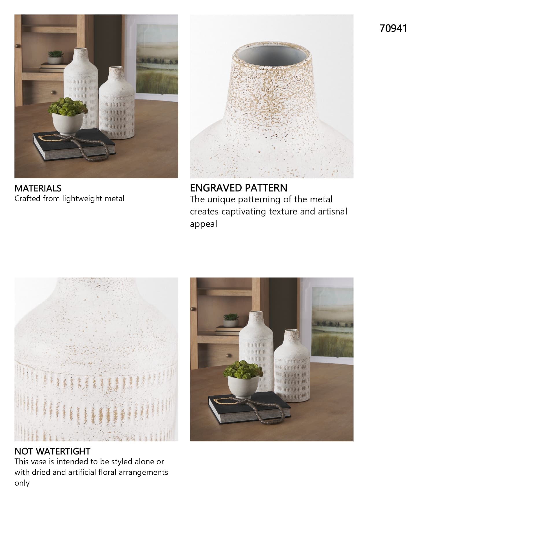 Tisha Small White W/ Terracotta Distressing Metal Vase — in a styled room