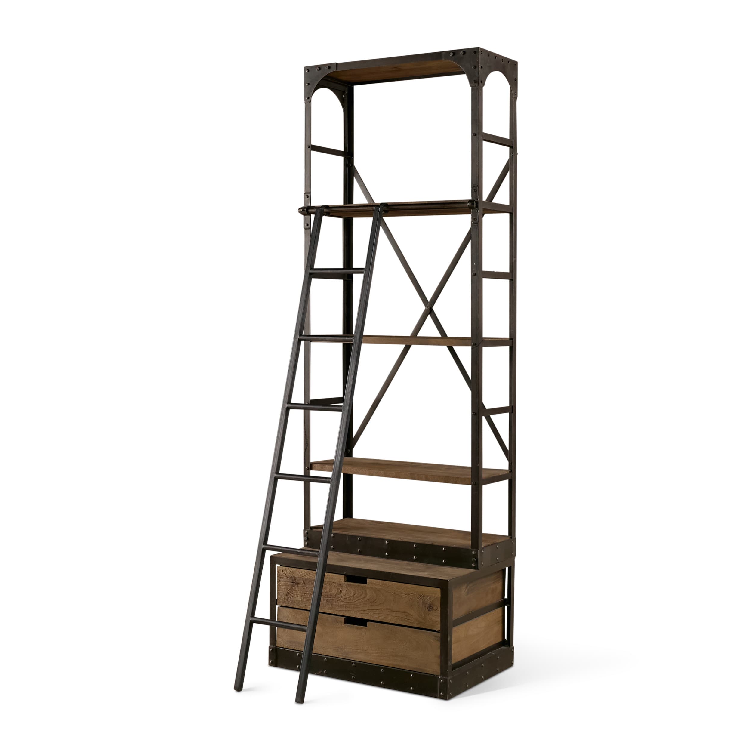 Brodie VII 32L x 22W x 94H Brown Wood Gun-Metal Bracing Four Shelf Shelving Unit — product photograph
