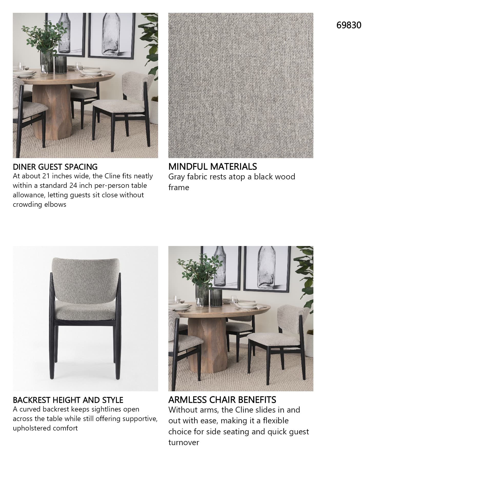 Cline Curved Back Dining Side Chair | Gray Fabric w/ Black Wood — in a styled room
