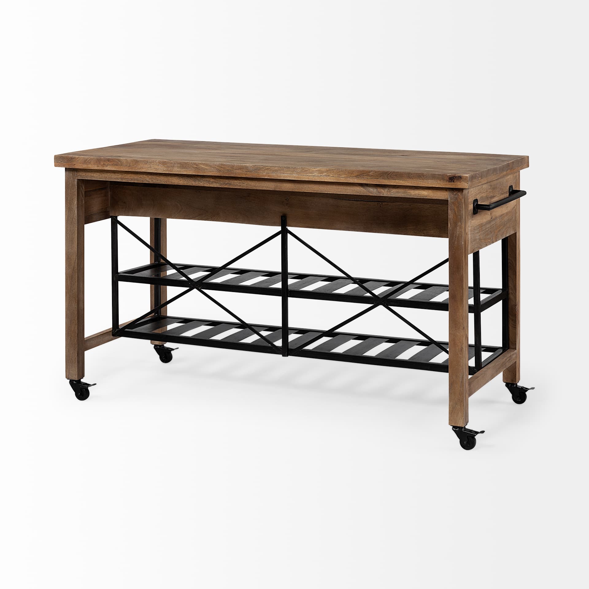 Stuart I Brown Solid Wood Top Two-Tier Black Metal Rolling Kitchen Island — product photograph